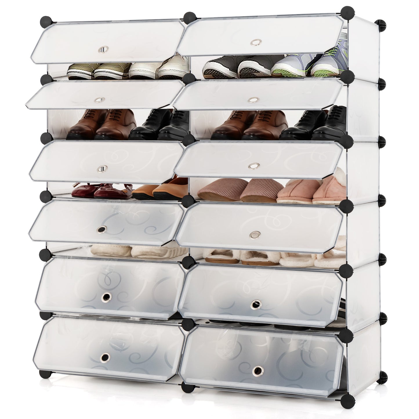 12-Cube DIY Portable Plastic Shoe Rack with Transparent Doors-White Kids Crystal