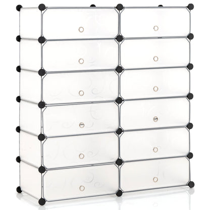 12-Cube DIY Portable Plastic Shoe Rack with Transparent Doors-White