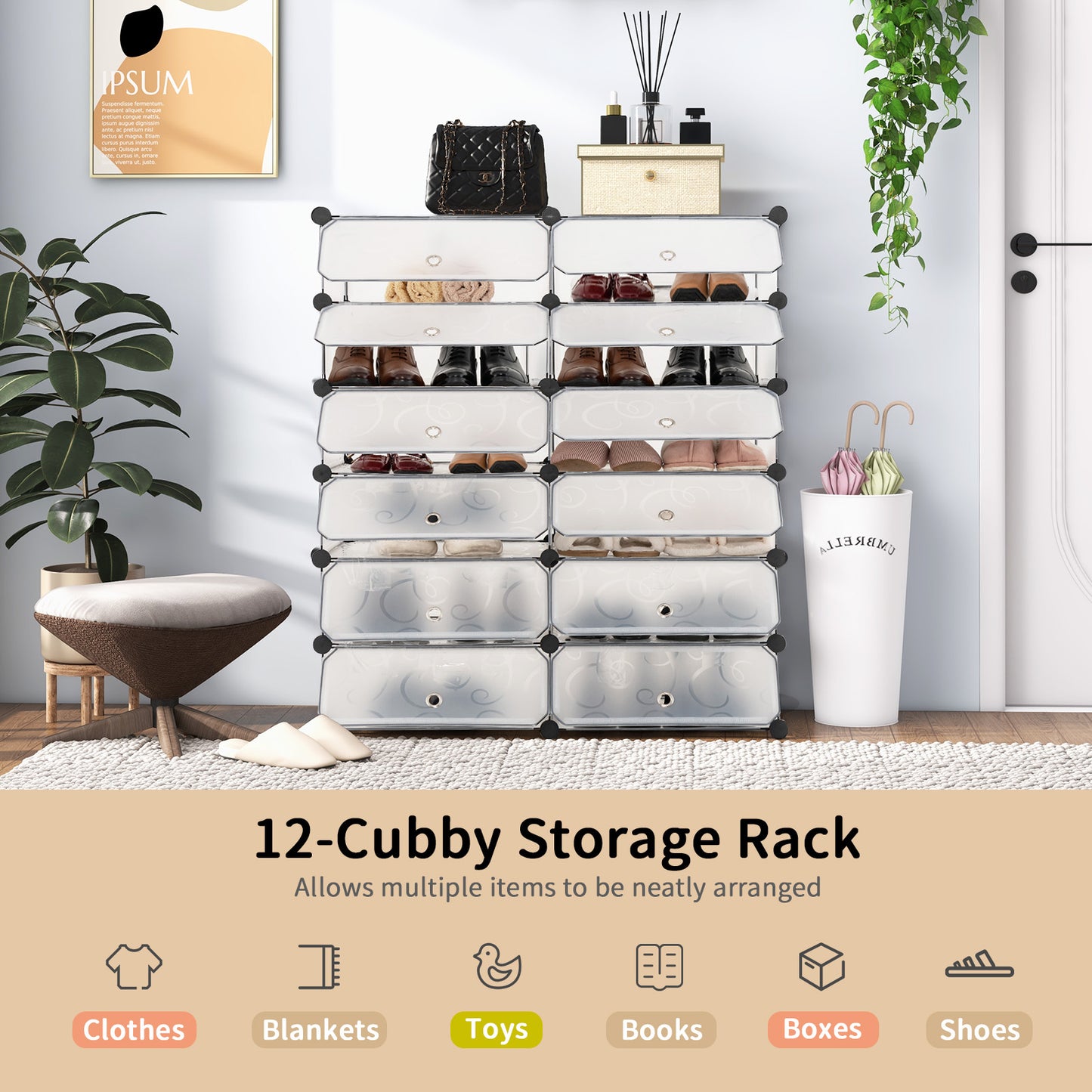 12-Cube DIY Portable Plastic Shoe Rack with Transparent Doors-White Kids Crystal