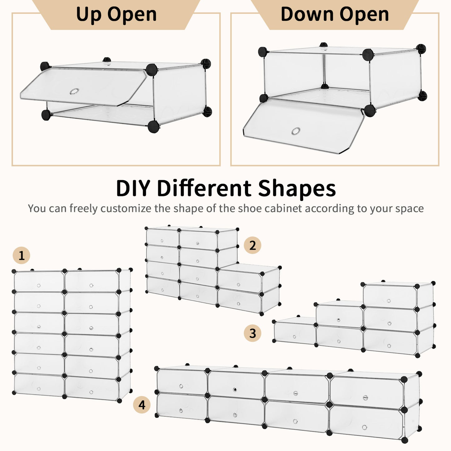 12-Cube DIY Portable Plastic Shoe Rack with Transparent Doors-White Kids Crystal