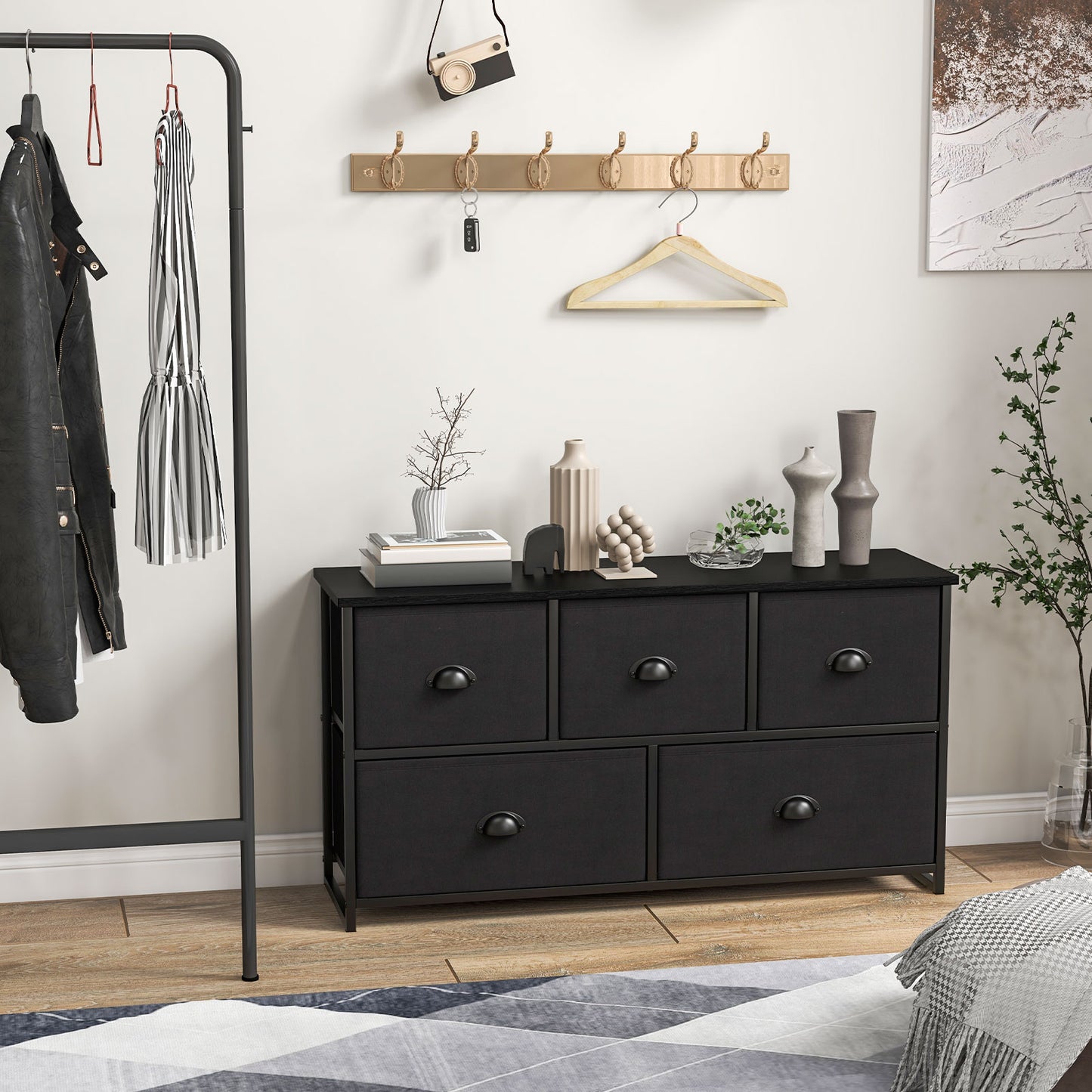 Dresser Storage Tower with 5 Foldable Cloth Storage Cubes-Black Kids Crystal