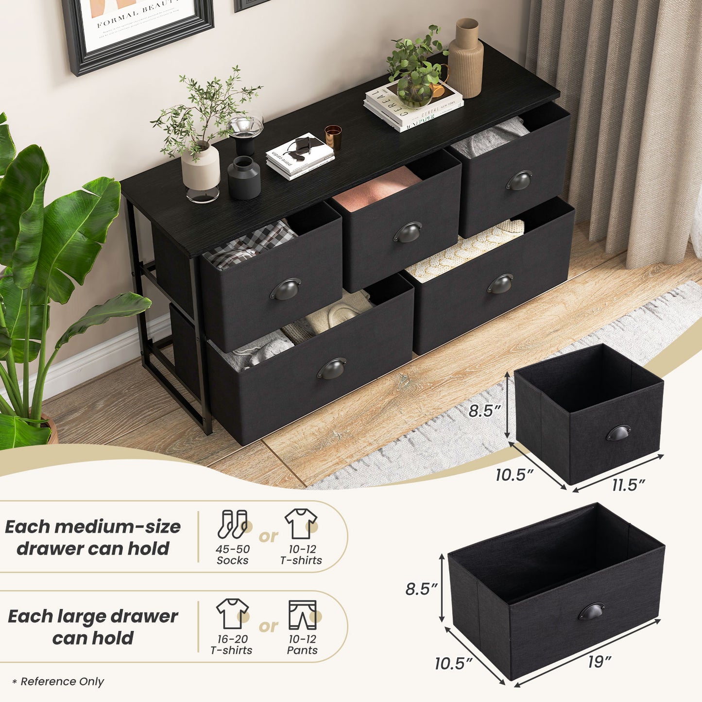 Dresser Storage Tower with 5 Foldable Cloth Storage Cubes-Black Kids Crystal