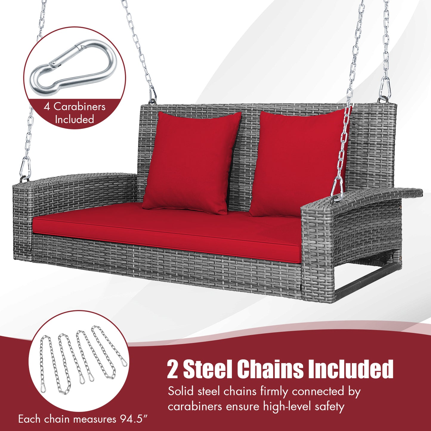 2-Person Patio PE Wicker Hanging Porch Swing Bench Chair Cushion 800 Pounds-Red Kids Crystal