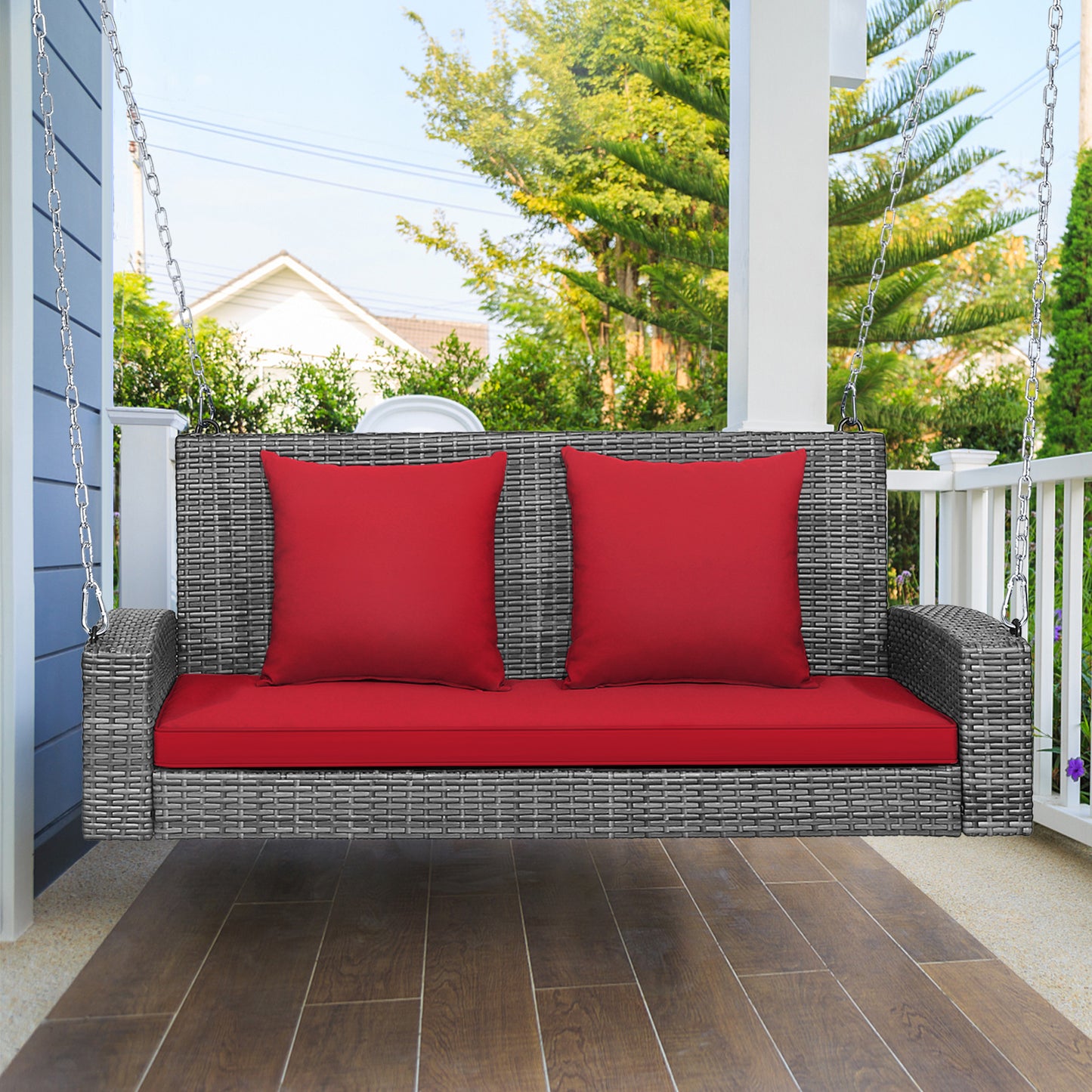 2-Person Patio PE Wicker Hanging Porch Swing Bench Chair Cushion 800 Pounds-Red Kids Crystal