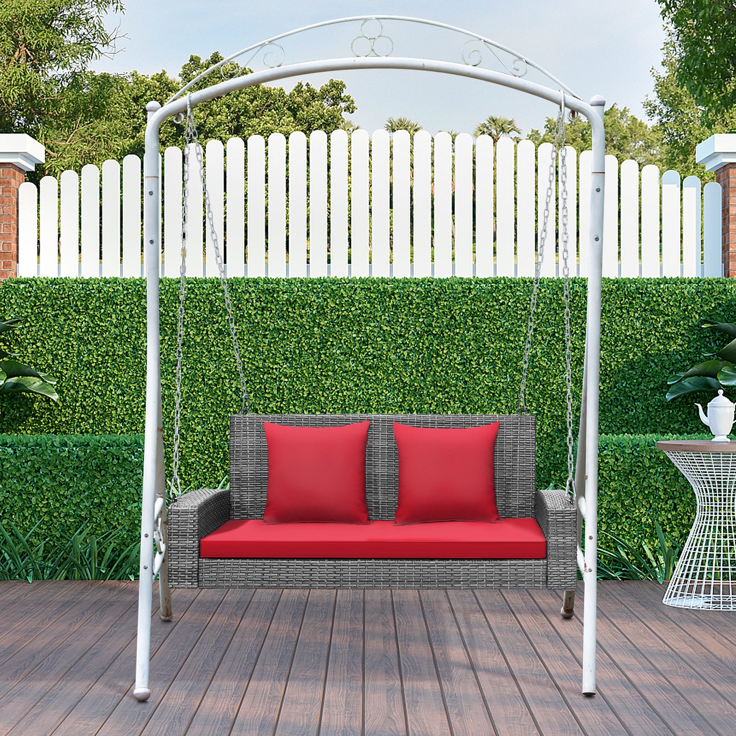 2-Person Patio PE Wicker Hanging Porch Swing Bench Chair Cushion 800 Pounds-Red Kids Crystal