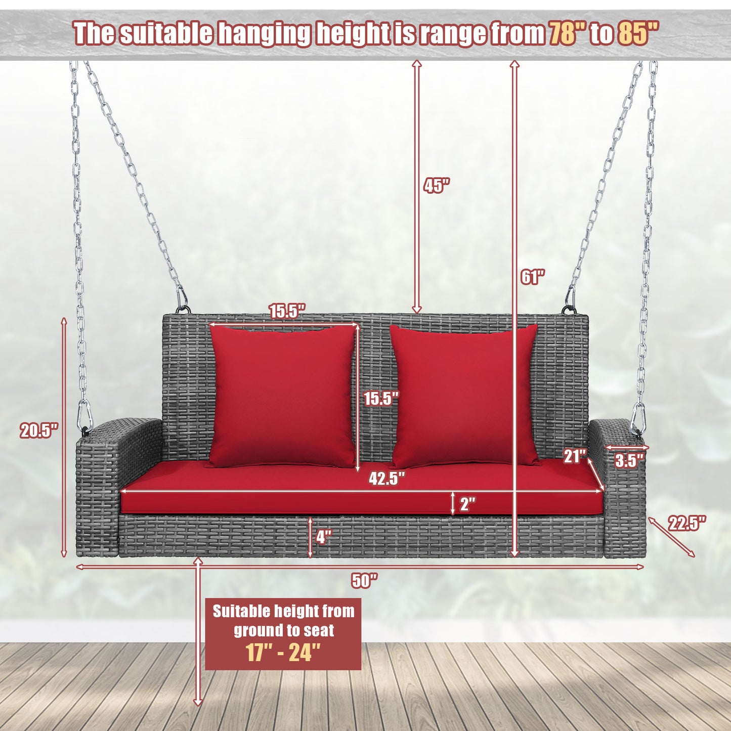 2-Person Patio PE Wicker Hanging Porch Swing Bench Chair Cushion 800 Pounds-Red Kids Crystal