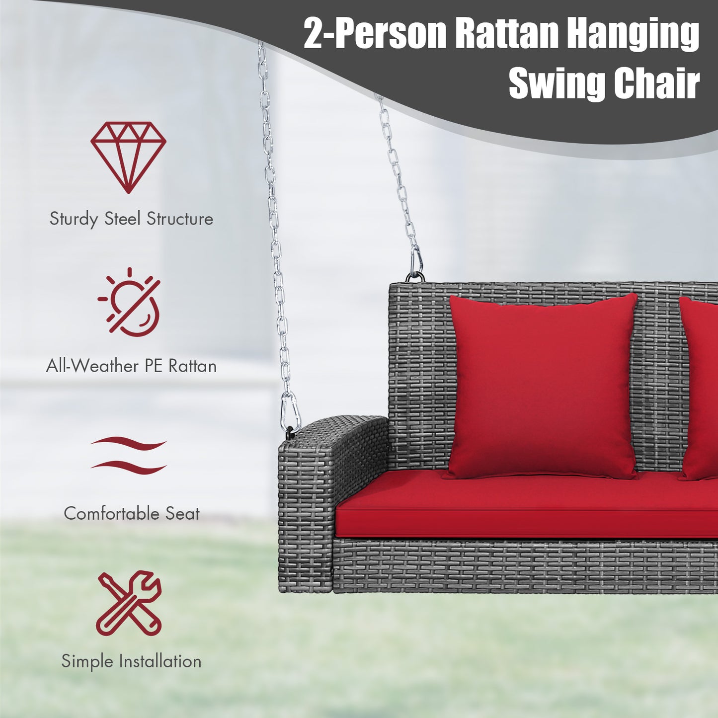 2-Person Patio PE Wicker Hanging Porch Swing Bench Chair Cushion 800 Pounds-Red Kids Crystal