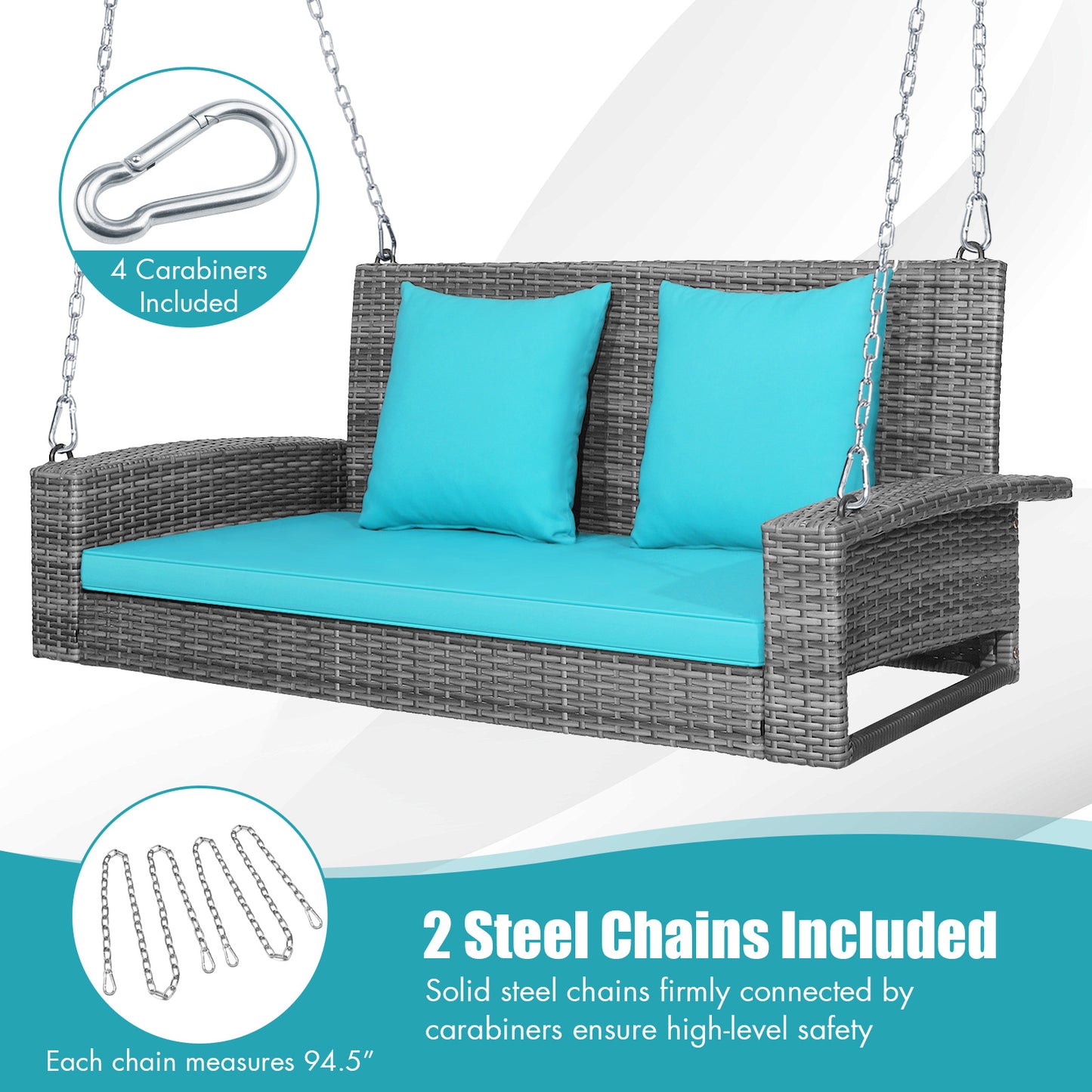 2-Person Patio PE Wicker Hanging Porch Swing Bench Chair Cushion 800 Pounds-Turquoise Kids Crystal