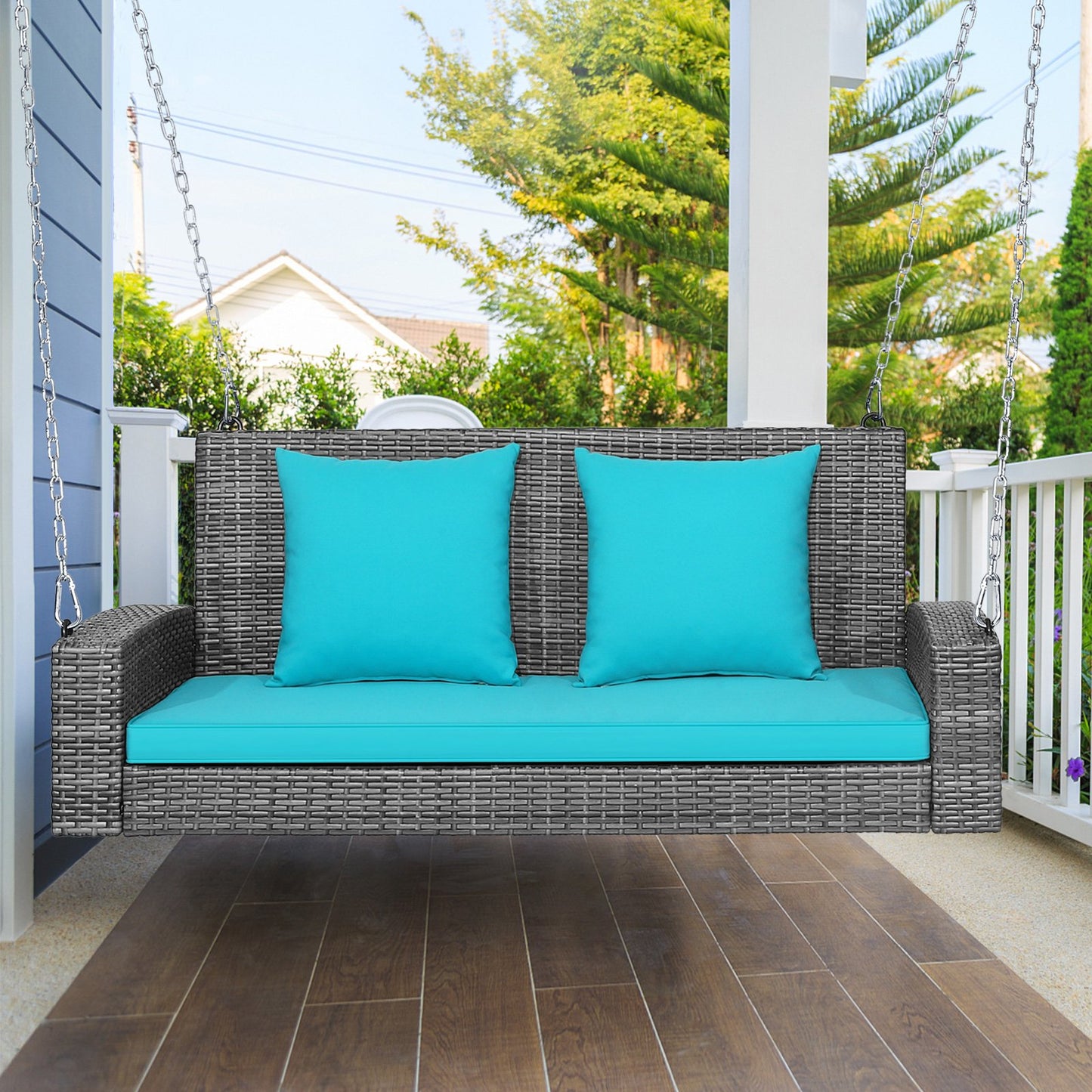 2-Person Patio PE Wicker Hanging Porch Swing Bench Chair Cushion 800 Pounds-Turquoise Kids Crystal