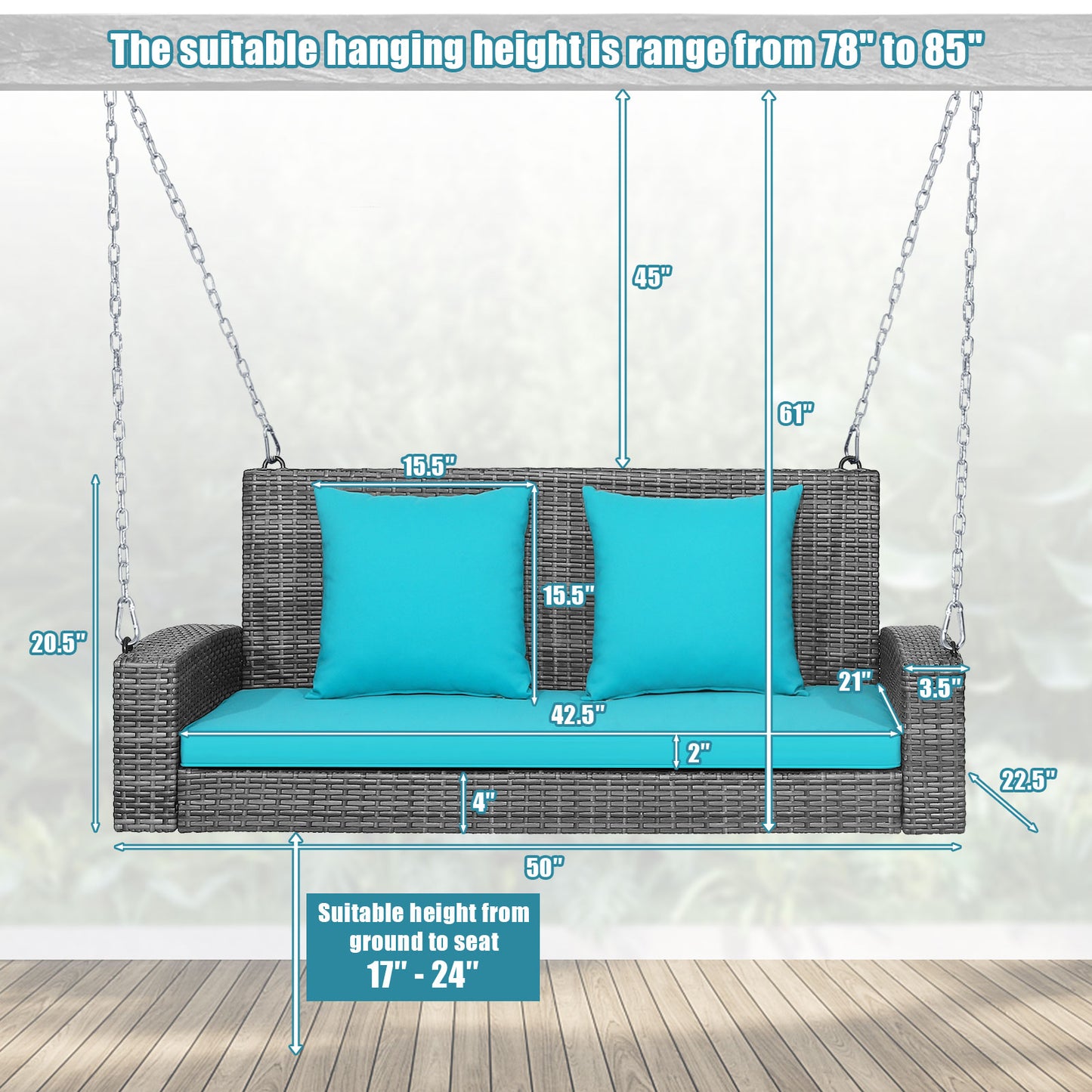 2-Person Patio PE Wicker Hanging Porch Swing Bench Chair Cushion 800 Pounds-Turquoise Kids Crystal