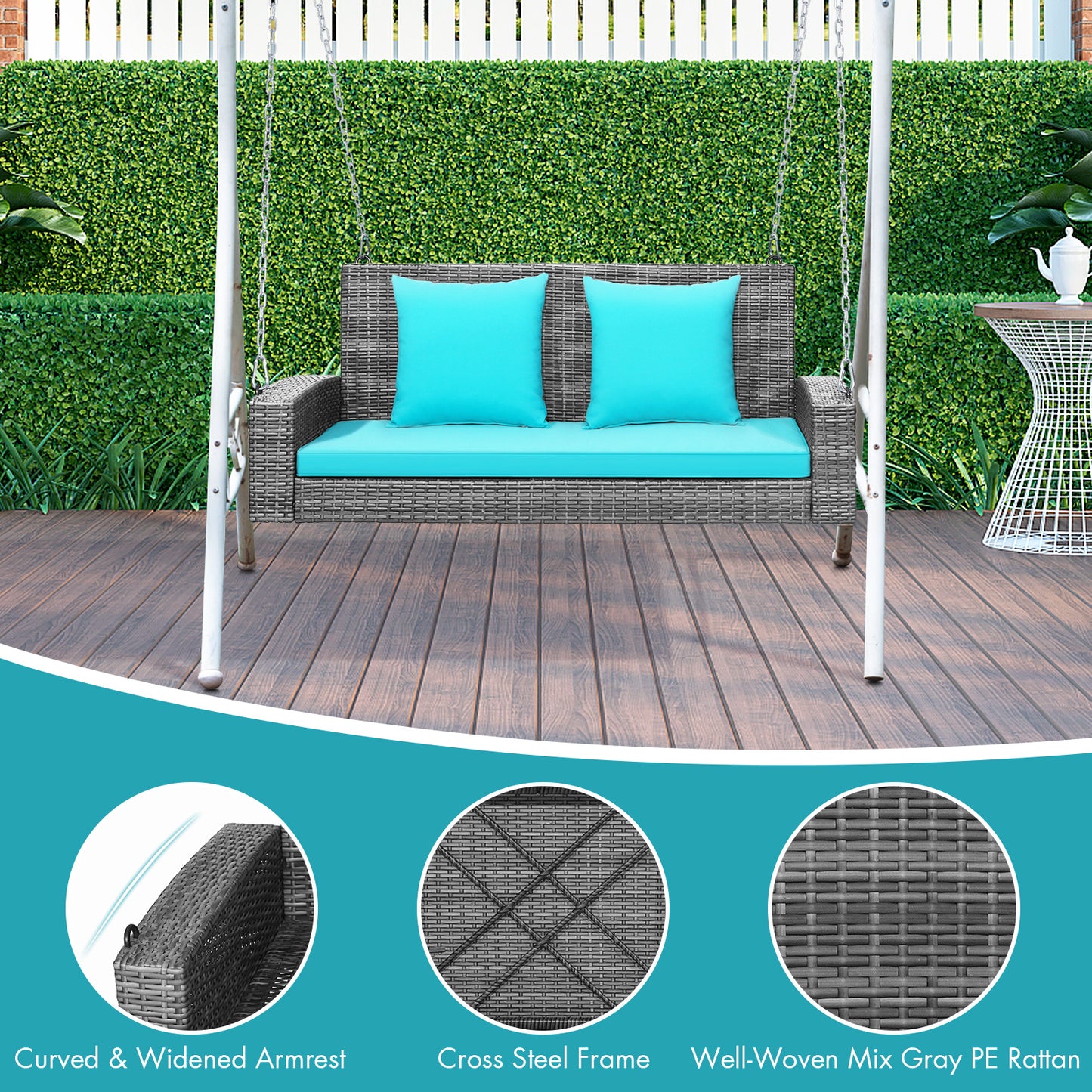 2-Person Patio PE Wicker Hanging Porch Swing Bench Chair Cushion 800 Pounds-Turquoise Kids Crystal
