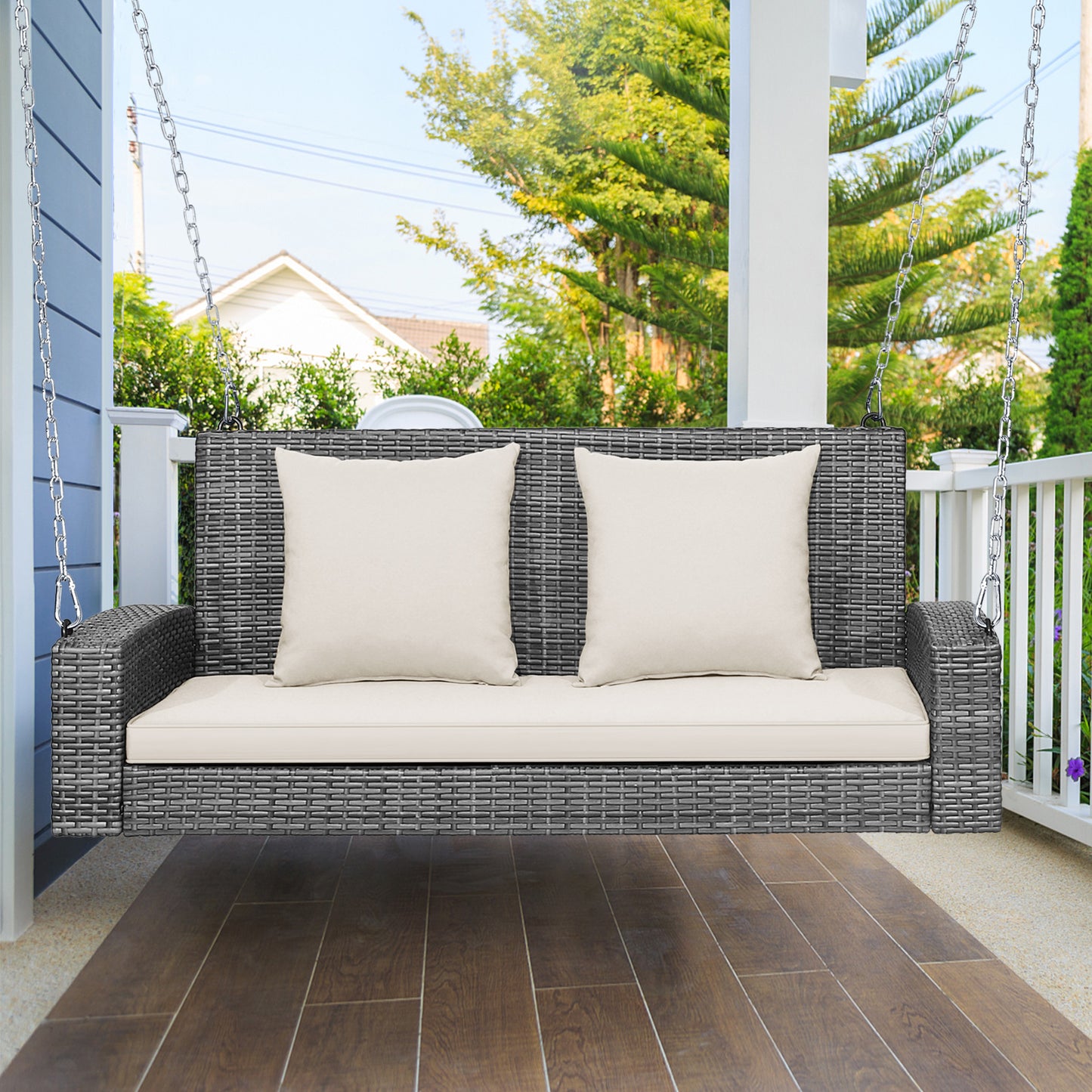 2-Person Patio PE Wicker Hanging Porch Swing Bench Chair Cushion 800 Pounds-White Kids Crystal