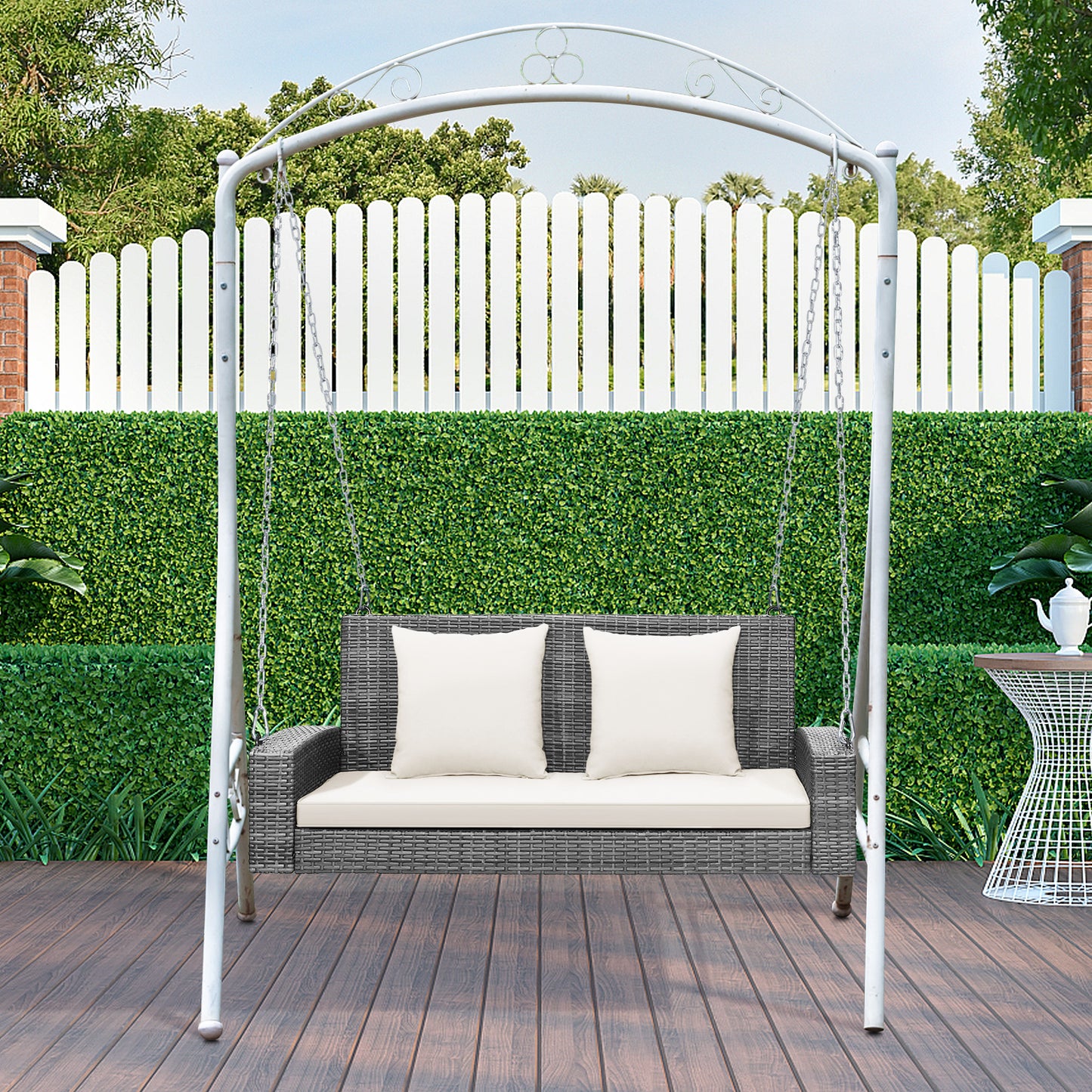 2-Person Patio PE Wicker Hanging Porch Swing Bench Chair Cushion 800 Pounds-White Kids Crystal