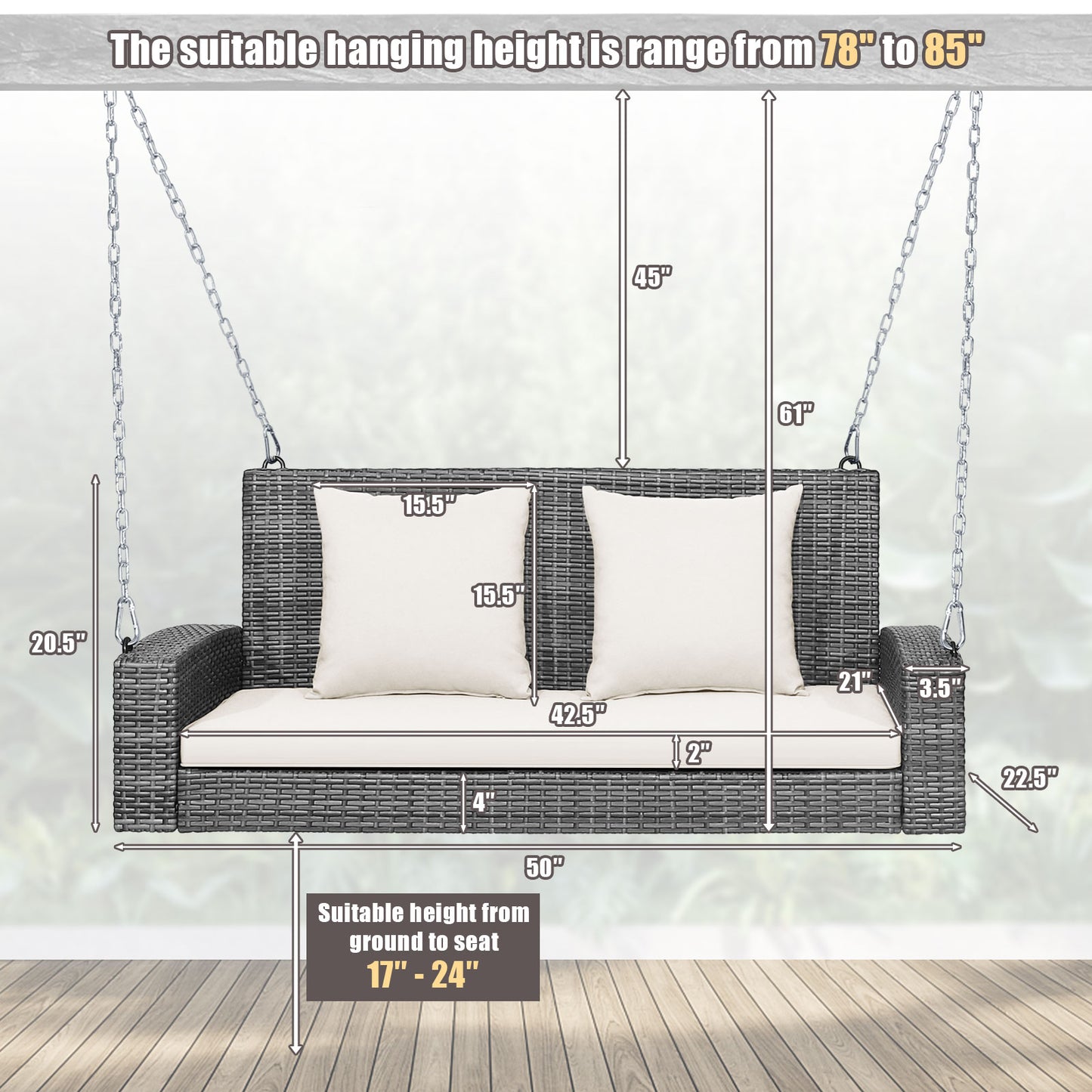 2-Person Patio PE Wicker Hanging Porch Swing Bench Chair Cushion 800 Pounds-White Kids Crystal