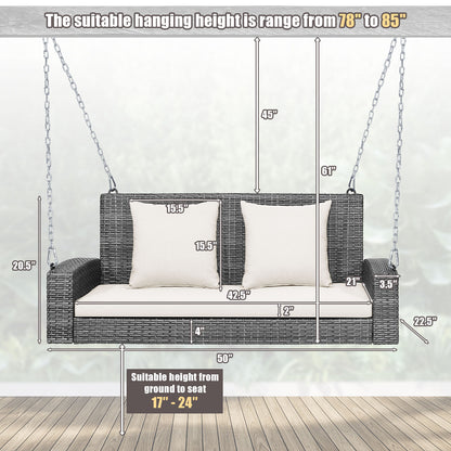 2-Person Patio PE Wicker Hanging Porch Swing Bench Chair Cushion 800 Pounds-White