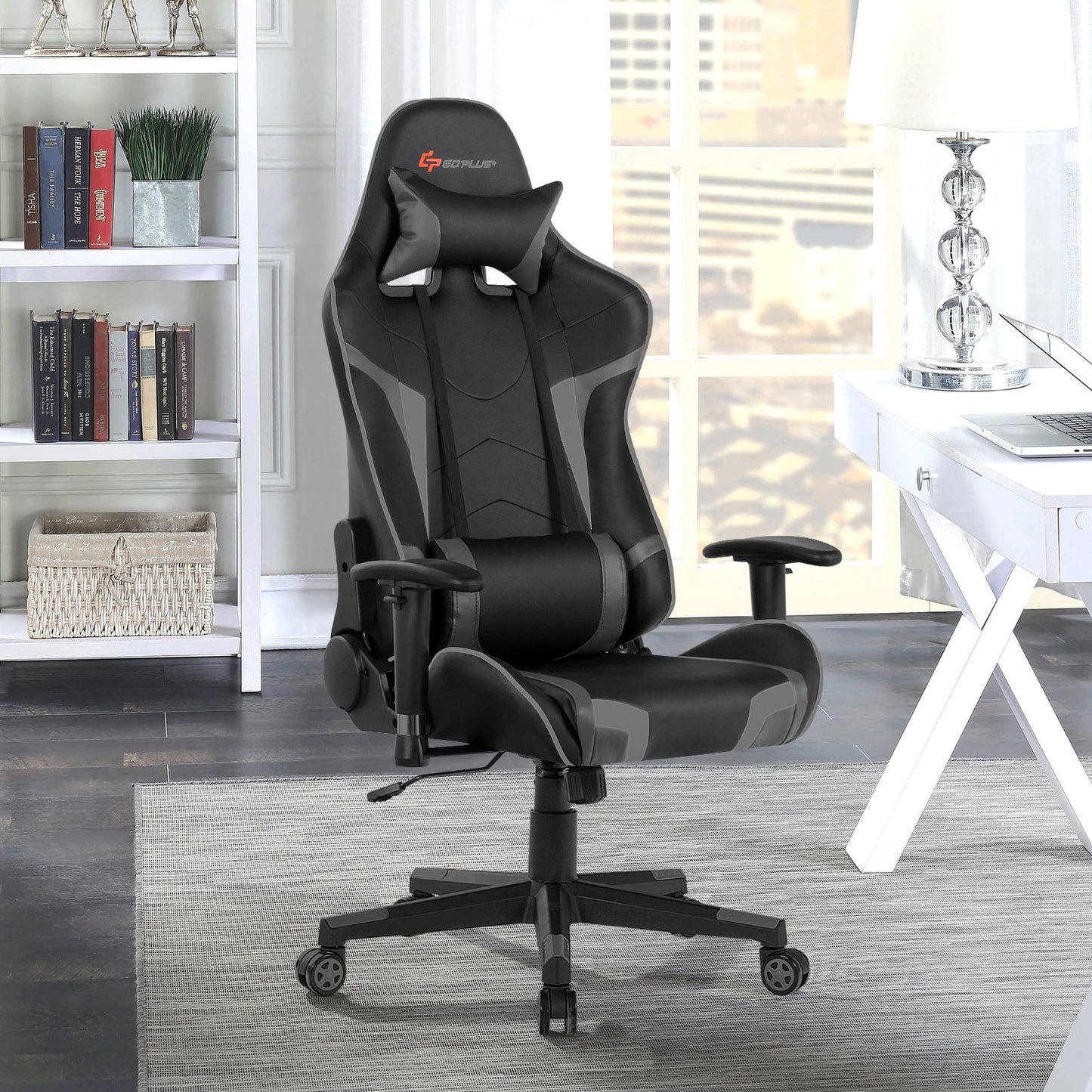 Reclining Swivel Massage Gaming Chair with Lumbar Support-Gray Kids Crystal