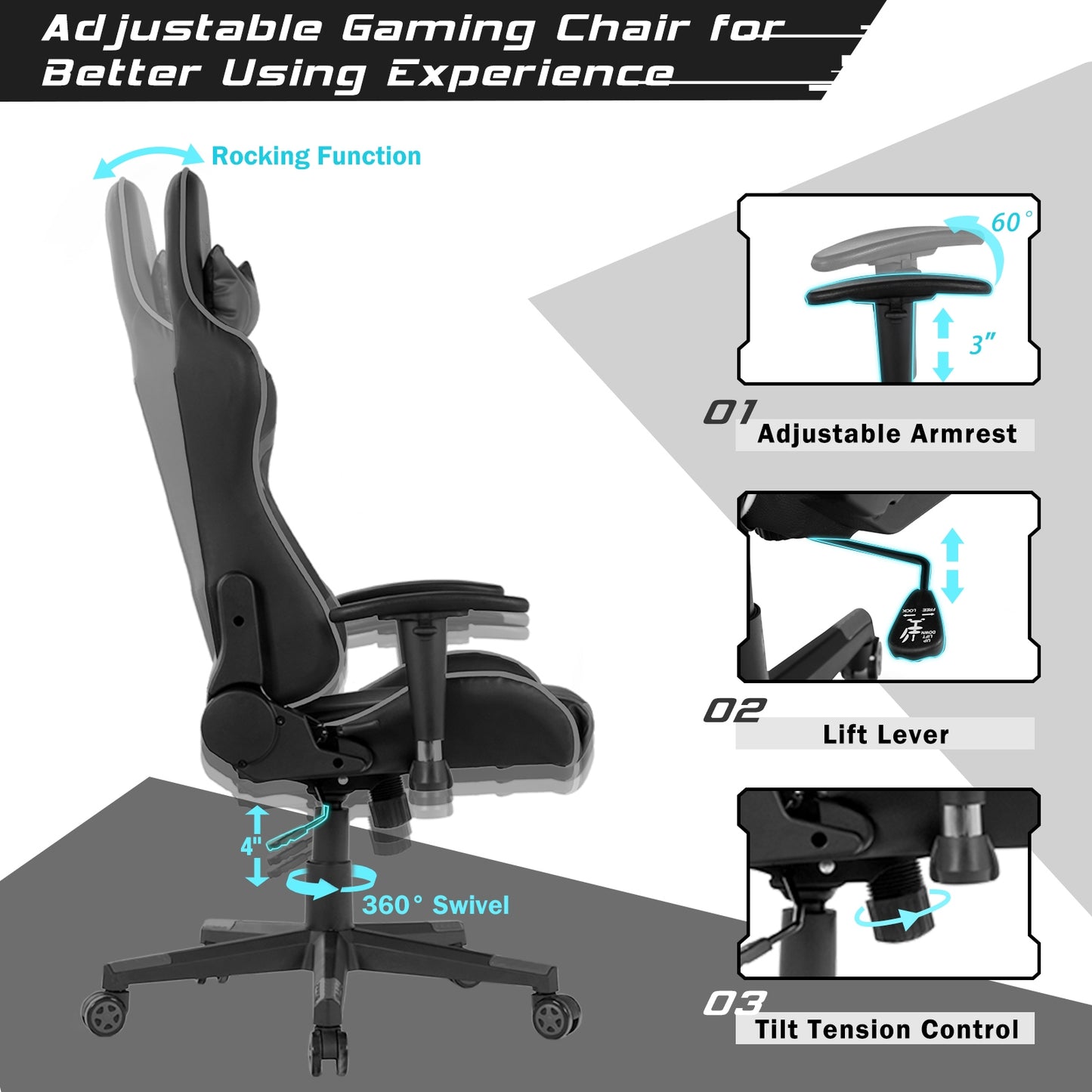 Reclining Swivel Massage Gaming Chair with Lumbar Support-Gray Kids Crystal