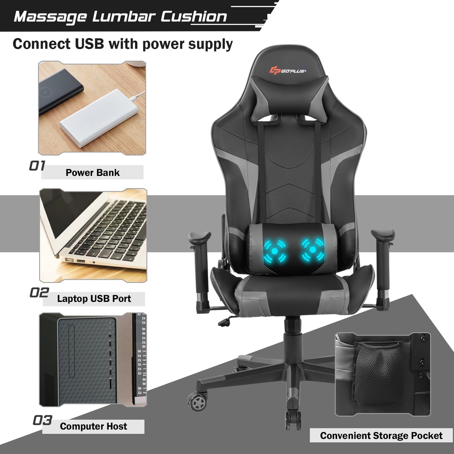 Reclining Swivel Massage Gaming Chair with Lumbar Support-Gray Kids Crystal