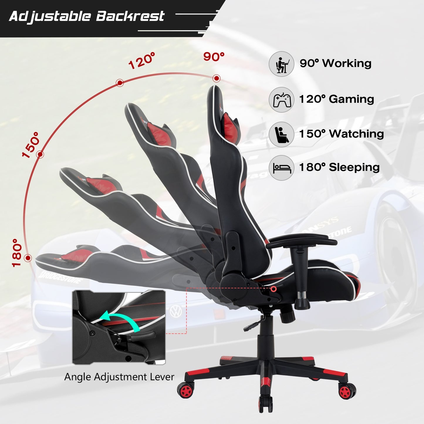 Reclining Swivel Massage Gaming Chair with Lumbar Support-Red Kids Crystal