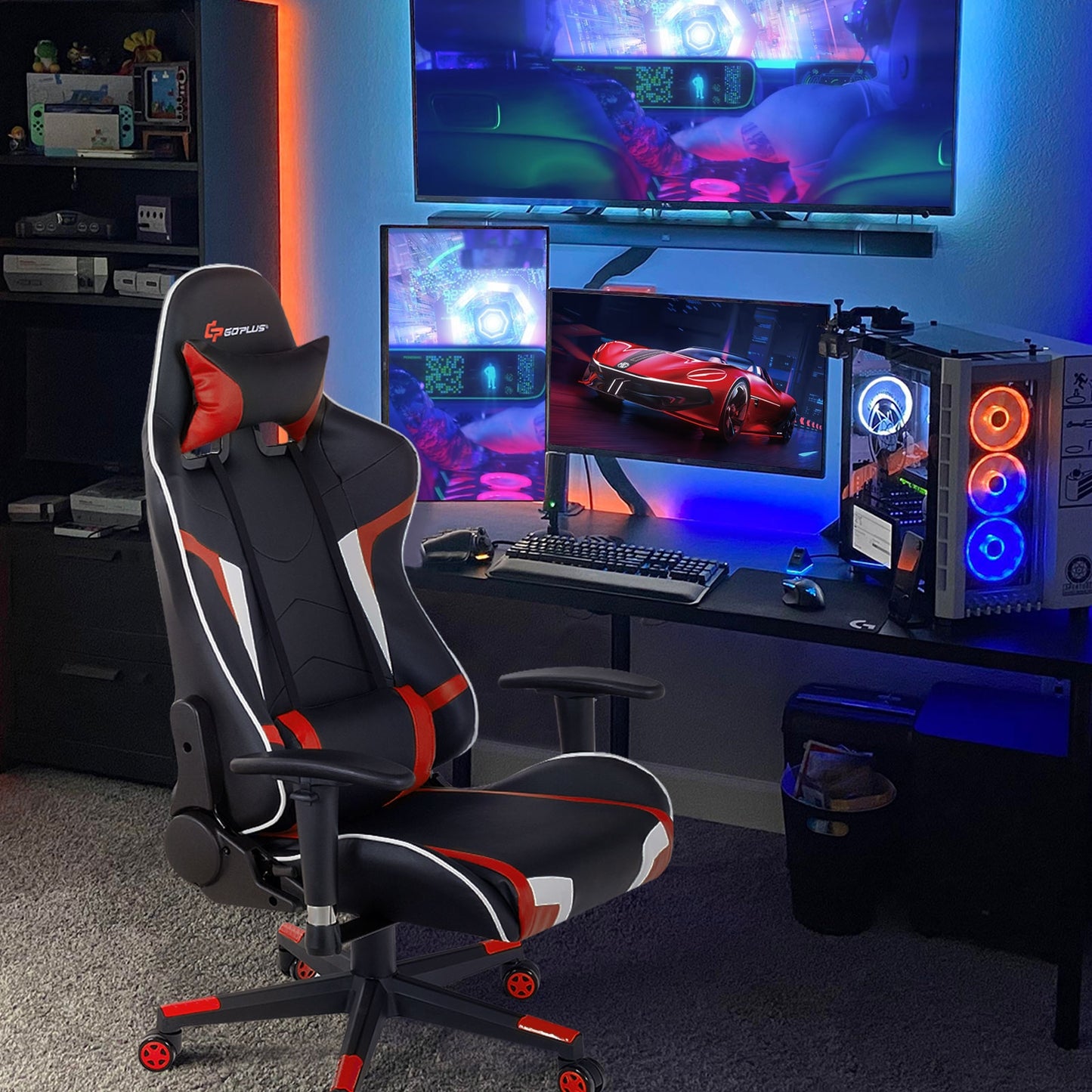 Reclining Swivel Massage Gaming Chair with Lumbar Support-Red Kids Crystal