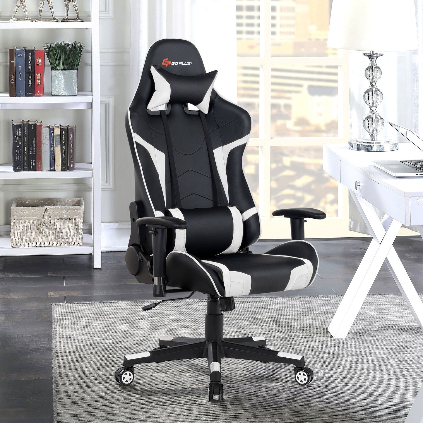 Reclining Swivel Massage Gaming Chair with Lumbar Support-White Kids Crystal