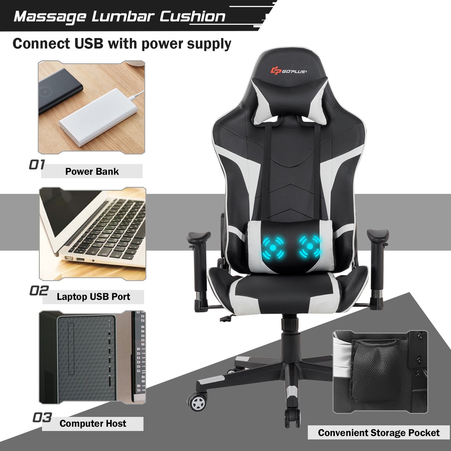 Reclining Swivel Massage Gaming Chair with Lumbar Support-White Kids Crystal
