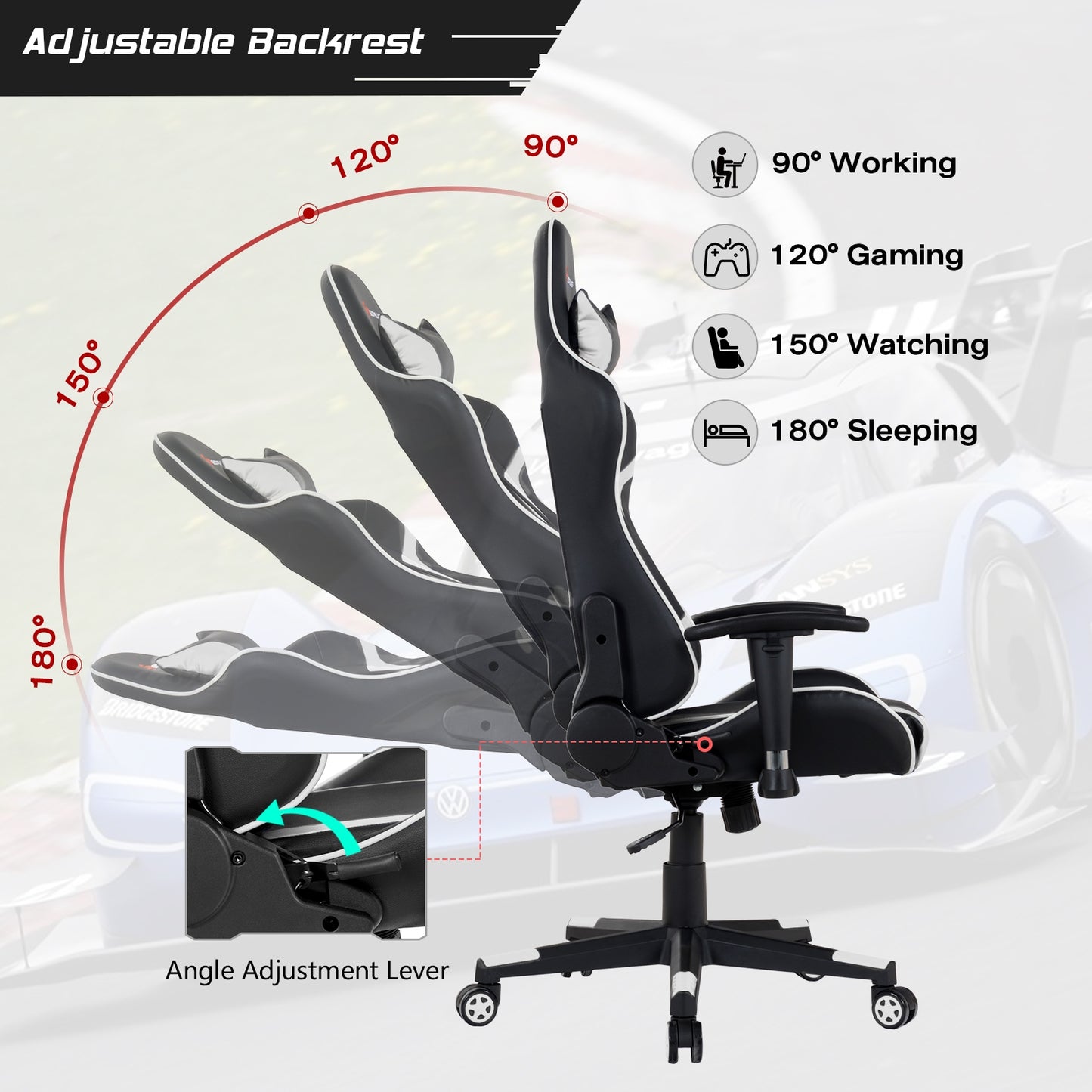 Reclining Swivel Massage Gaming Chair with Lumbar Support-White Kids Crystal