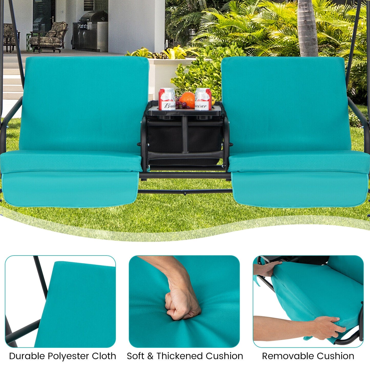 Porch Swing Chair with Adjustable Canopy-Turquoise Kids Crystal