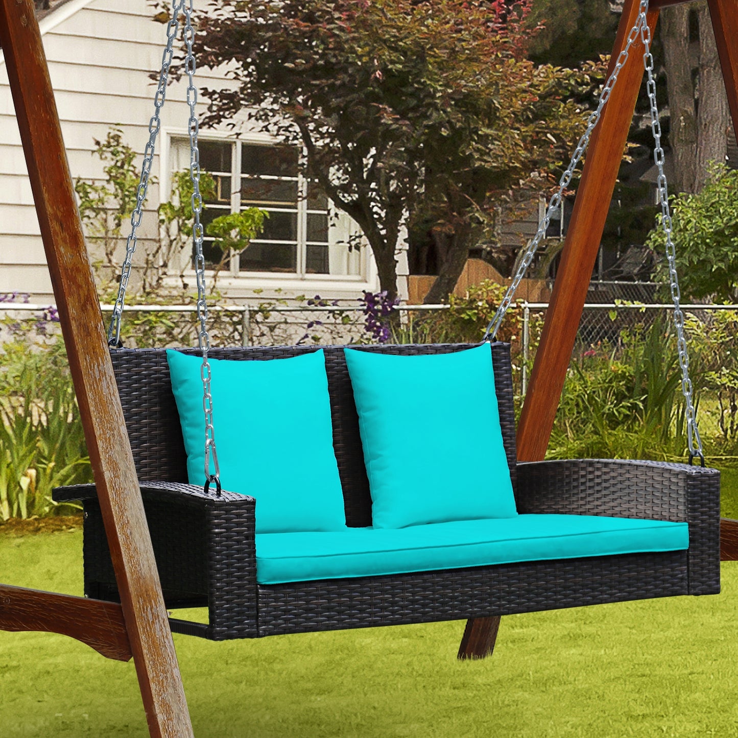 2-Person Patio Rattan Porch Swing with Cushions-Turquoise Kids Crystal