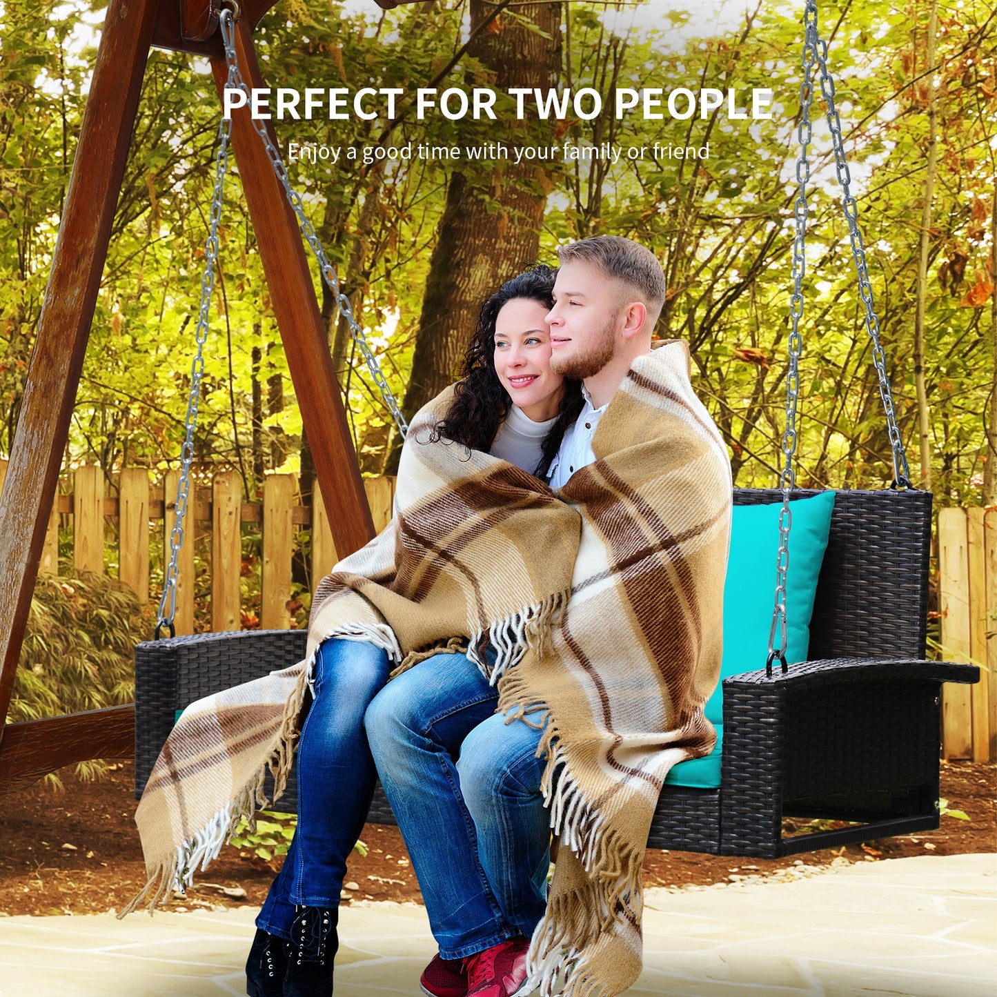 2-Person Patio Rattan Porch Swing with Cushions-Turquoise Kids Crystal