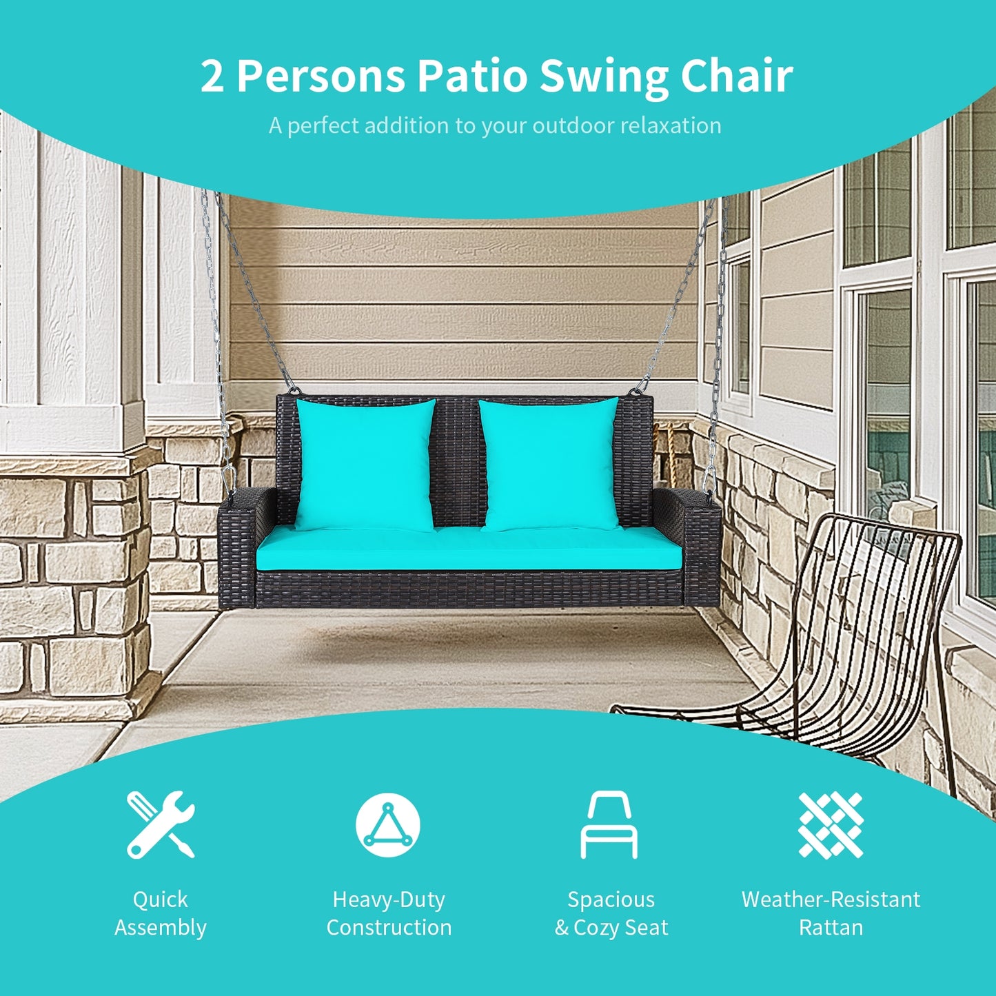 2-Person Patio Rattan Porch Swing with Cushions-Turquoise Kids Crystal