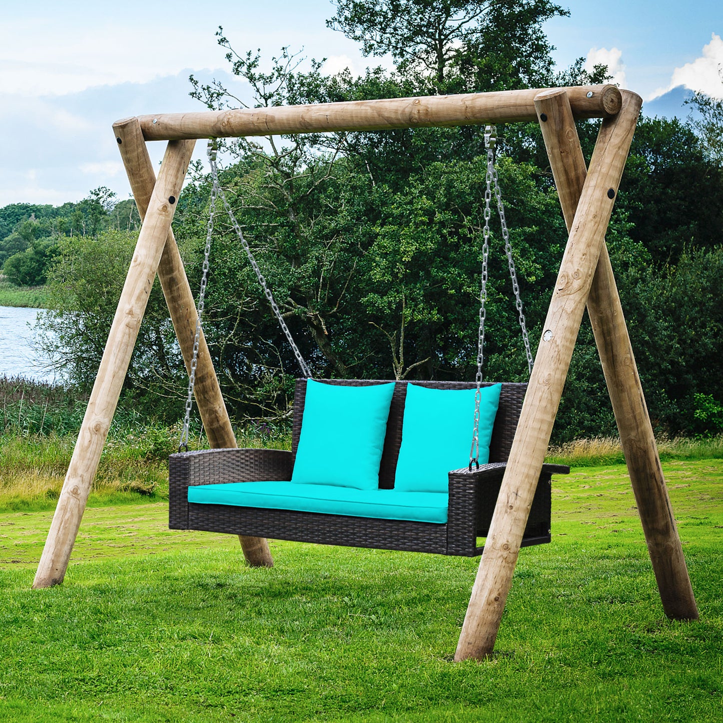 2-Person Patio Rattan Porch Swing with Cushions-Turquoise Kids Crystal