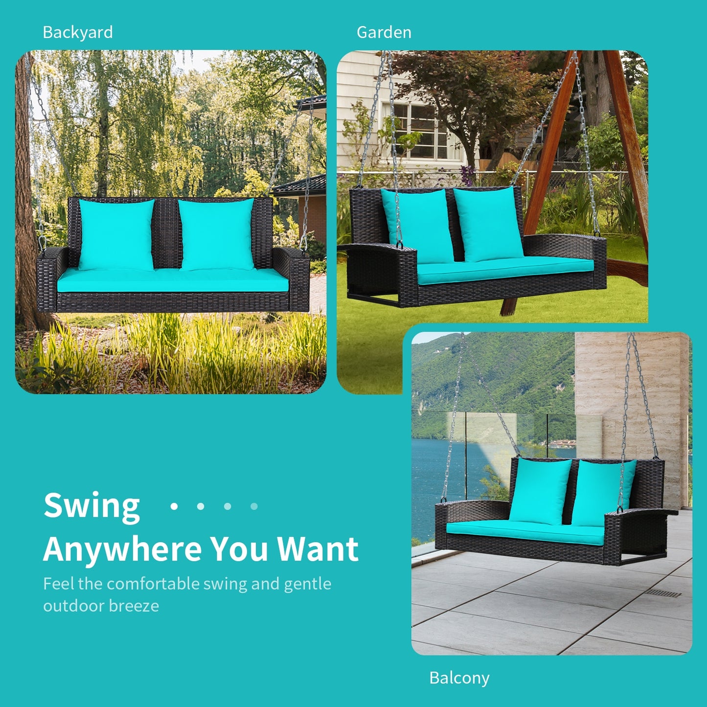 2-Person Patio Rattan Porch Swing with Cushions-Turquoise Kids Crystal