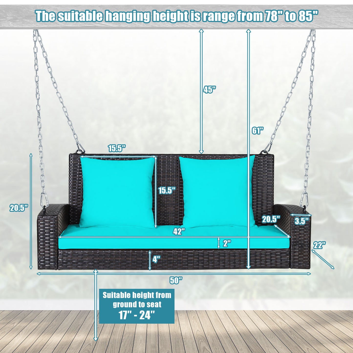2-Person Patio Rattan Porch Swing with Cushions-Turquoise Kids Crystal