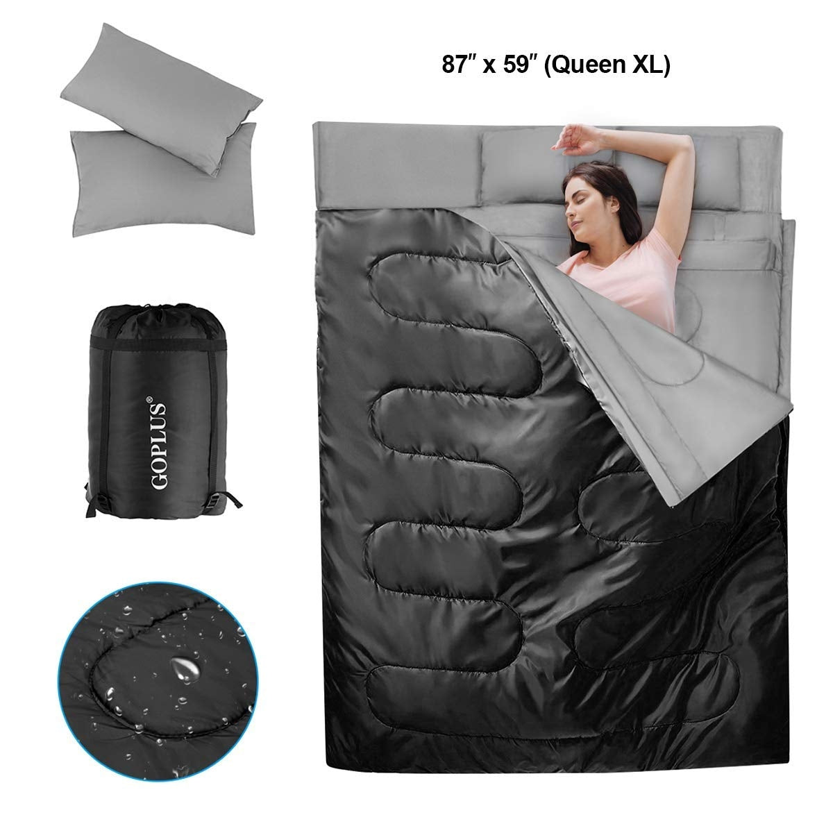 2 Person Waterproof Sleeping Bag with 2 Pillows-Black Kids Crystal