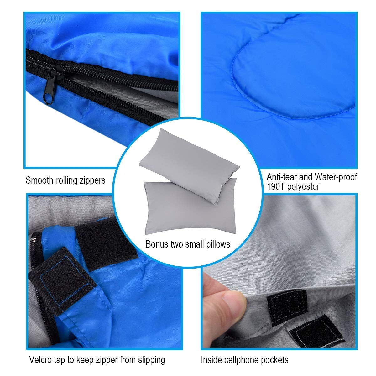 2 Person Waterproof Sleeping Bag with 2 Pillows-Blue Kids Crystal