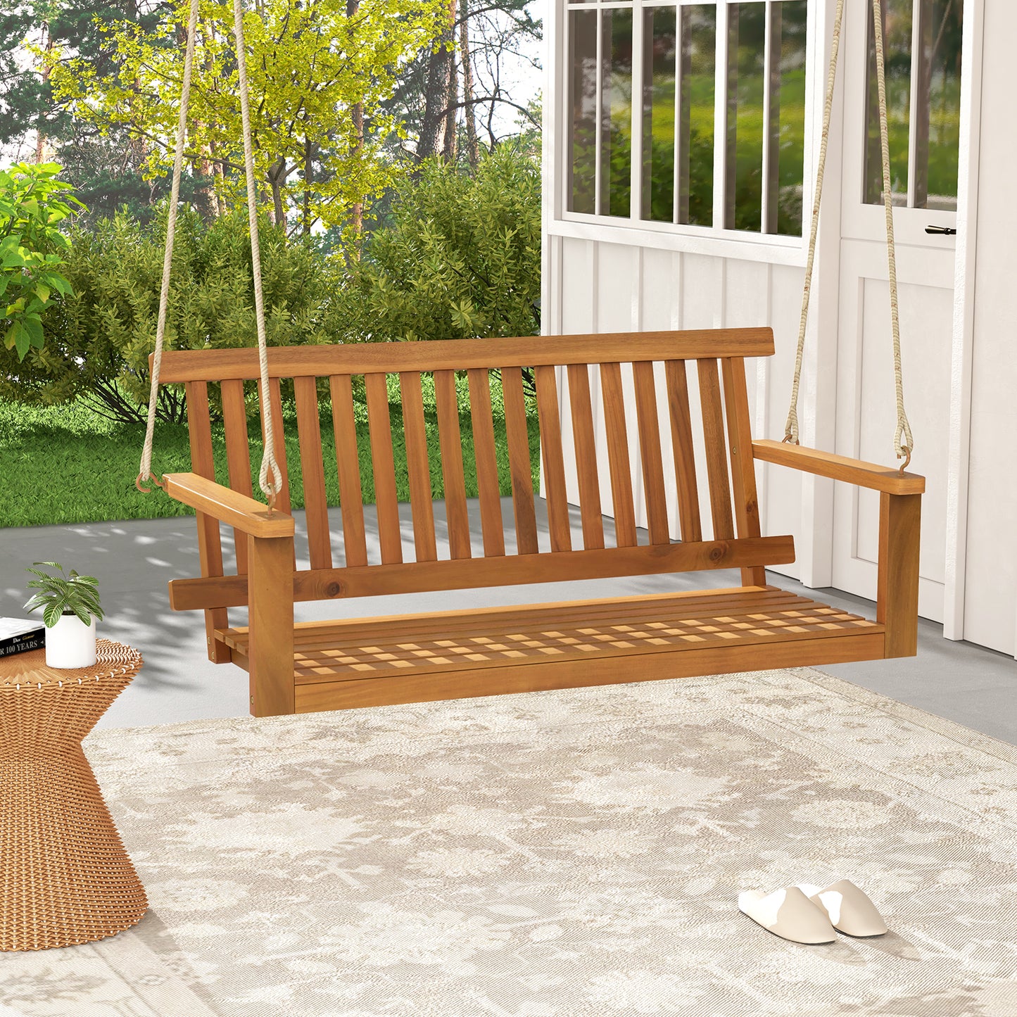2-Seat Acacia Wood Porch Swing Bench with 2 Hanging Hemp Ropes Kids Crystal