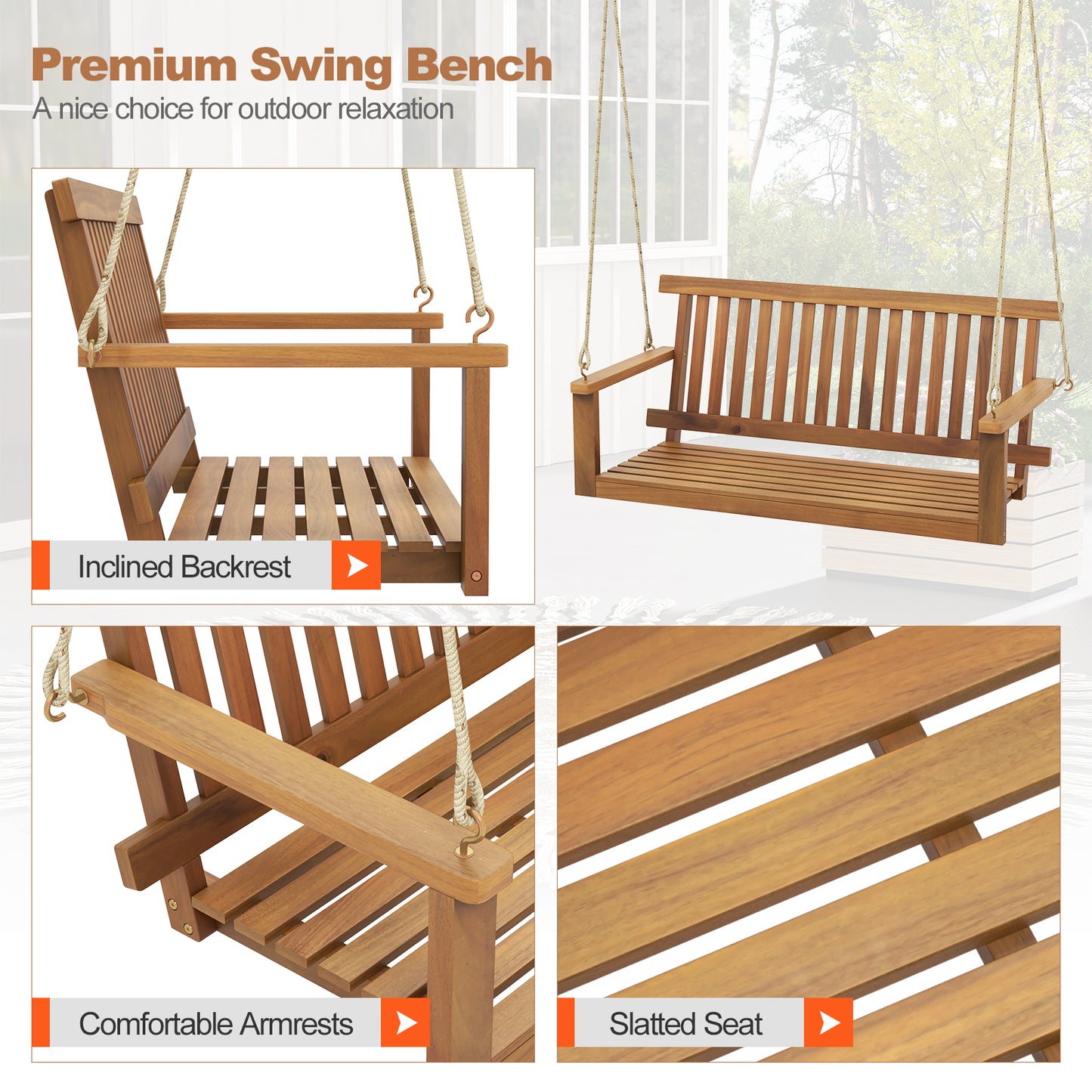 2-Seat Acacia Wood Porch Swing Bench with 2 Hanging Hemp Ropes Kids Crystal