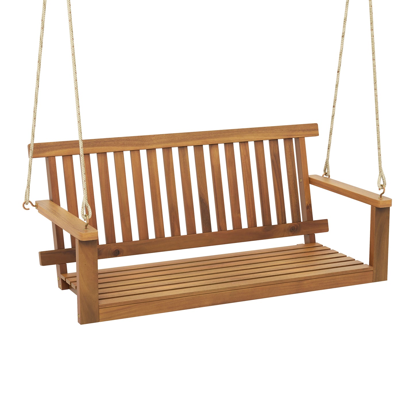 2-Seat Acacia Wood Porch Swing Bench with 2 Hanging Hemp Ropes Kids Crystal