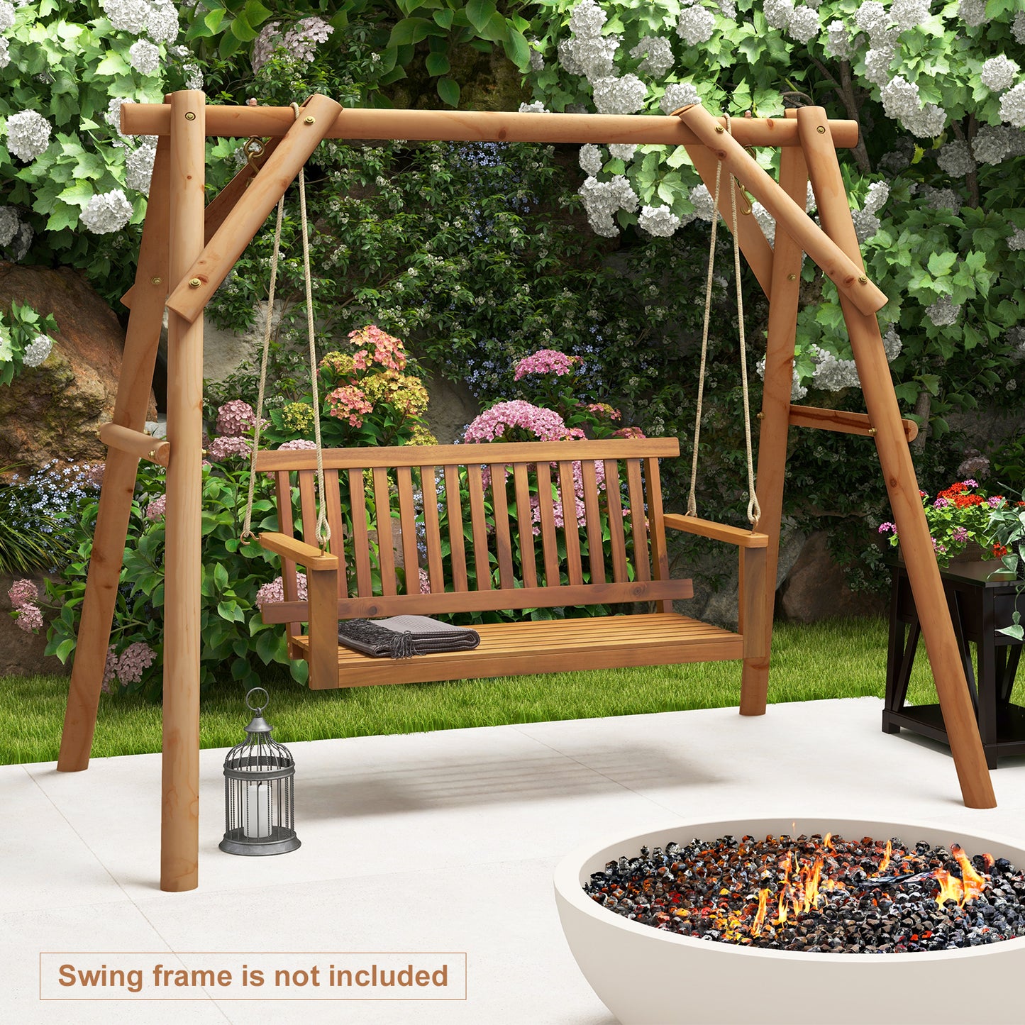 2-Seat Acacia Wood Porch Swing Bench with 2 Hanging Hemp Ropes Kids Crystal