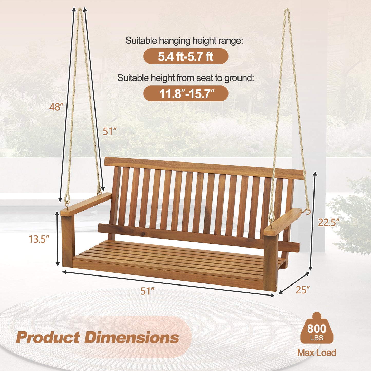 2-Seat Acacia Wood Porch Swing Bench with 2 Hanging Hemp Ropes Kids Crystal