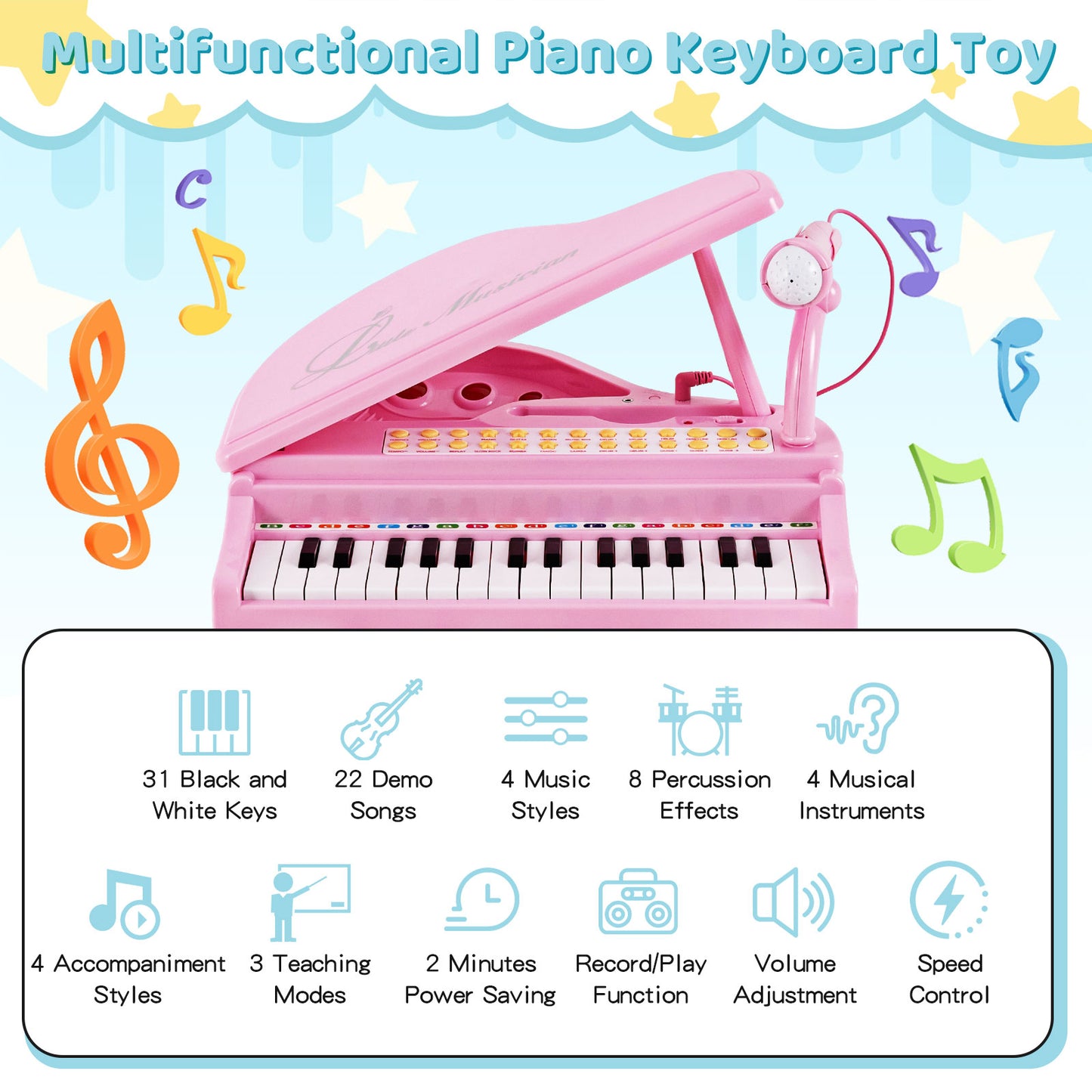 31 Keys Kids Piano Keyboard with Stool and Piano Lid-Pink Kids Crystal