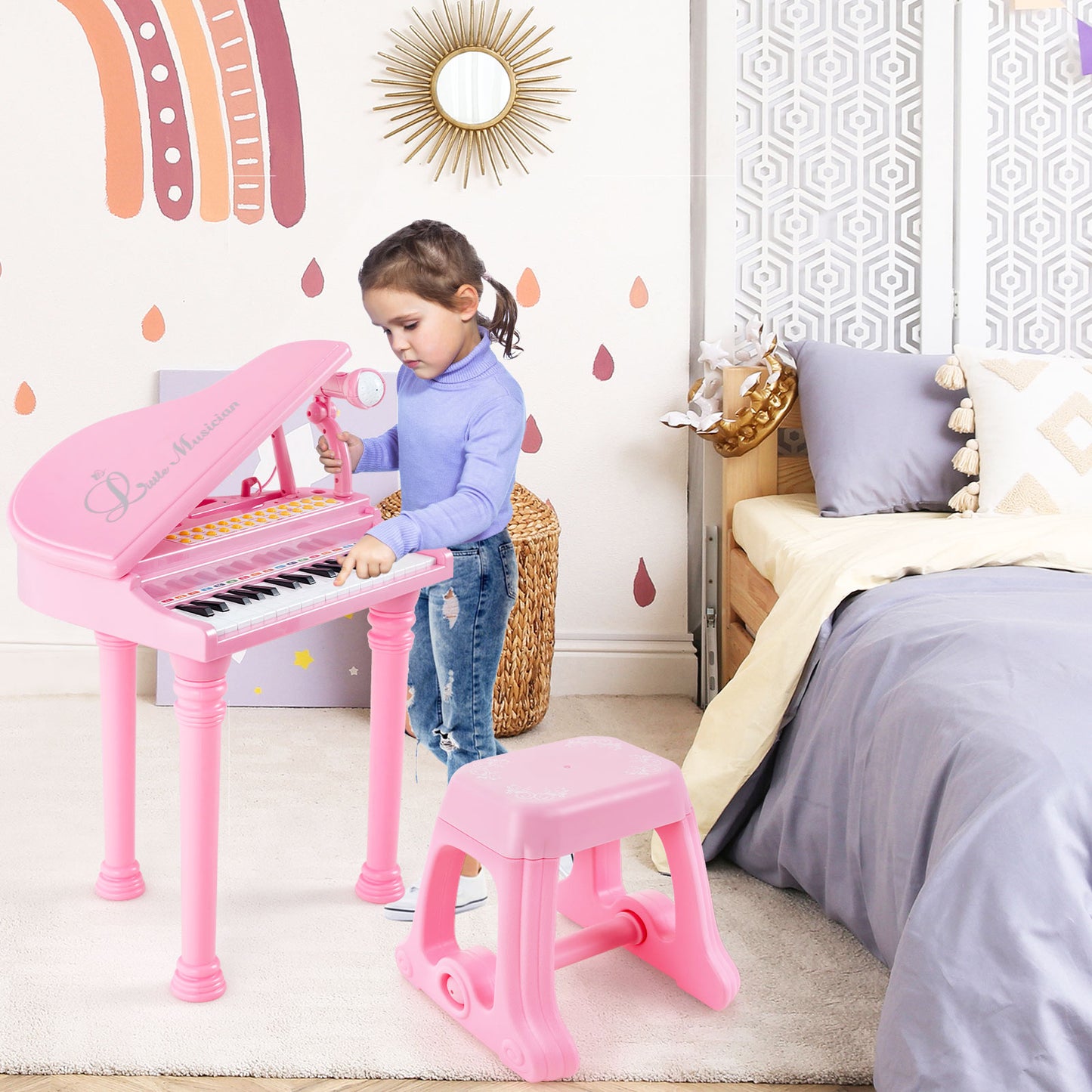 31 Keys Kids Piano Keyboard with Stool and Piano Lid-Pink Kids Crystal