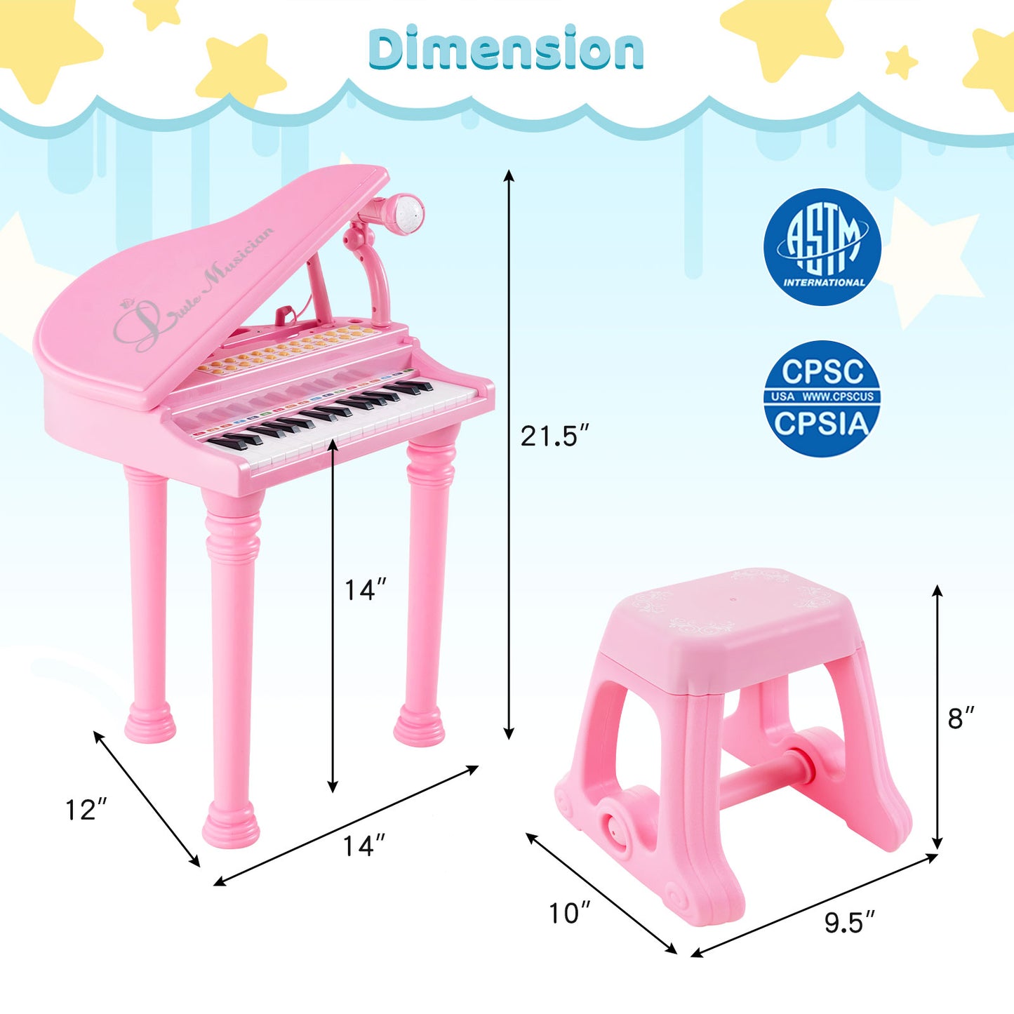31 Keys Kids Piano Keyboard with Stool and Piano Lid-Pink Kids Crystal