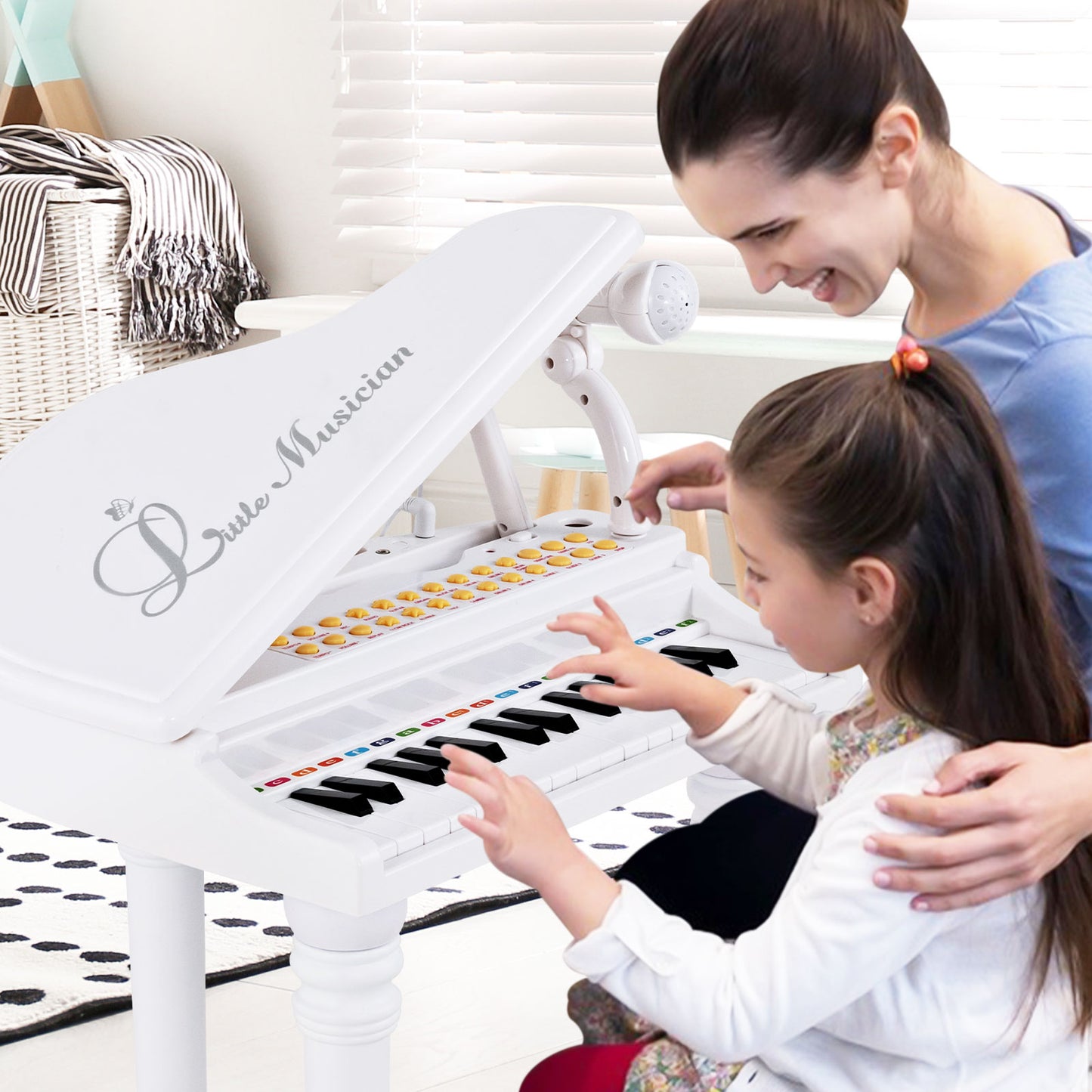31 Keys Kids Piano Keyboard with Stool and Piano Lid-White Kids Crystal