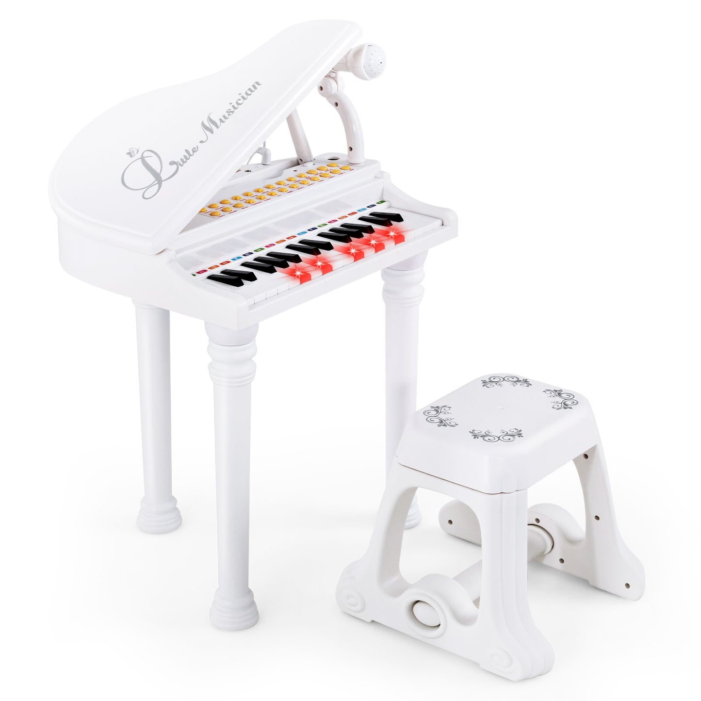 31 Keys Kids Piano Keyboard with Stool and Piano Lid-White Kids Crystal