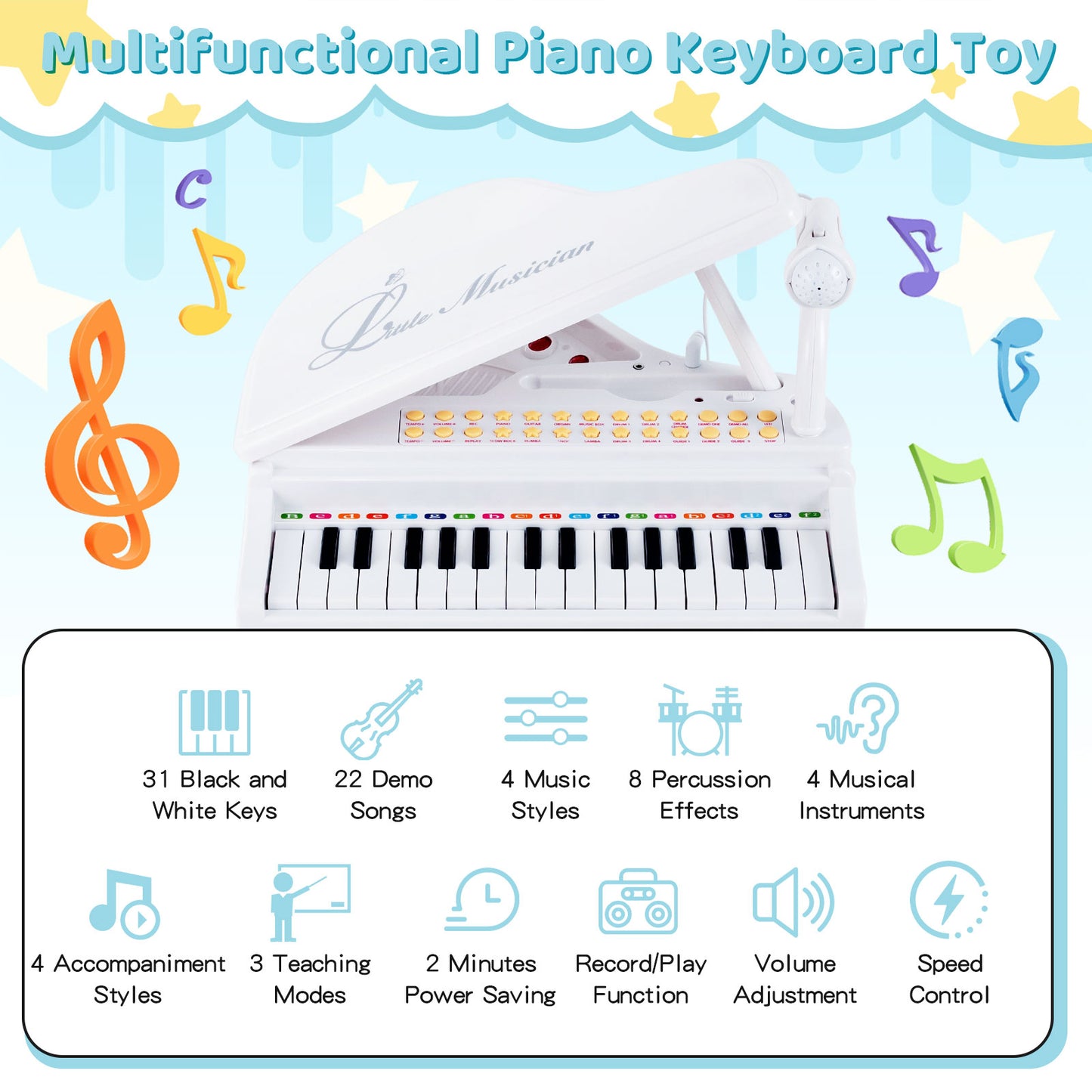 31 Keys Kids Piano Keyboard with Stool and Piano Lid-White Kids Crystal