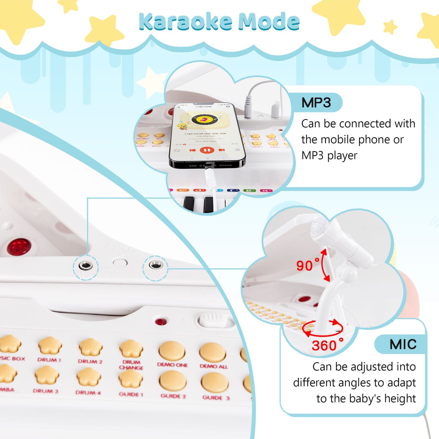 31 Keys Kids Piano Keyboard with Stool and Piano Lid-White Kids Crystal
