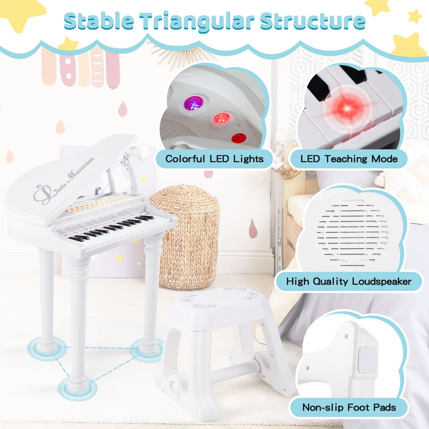 31 Keys Kids Piano Keyboard with Stool and Piano Lid-White Kids Crystal