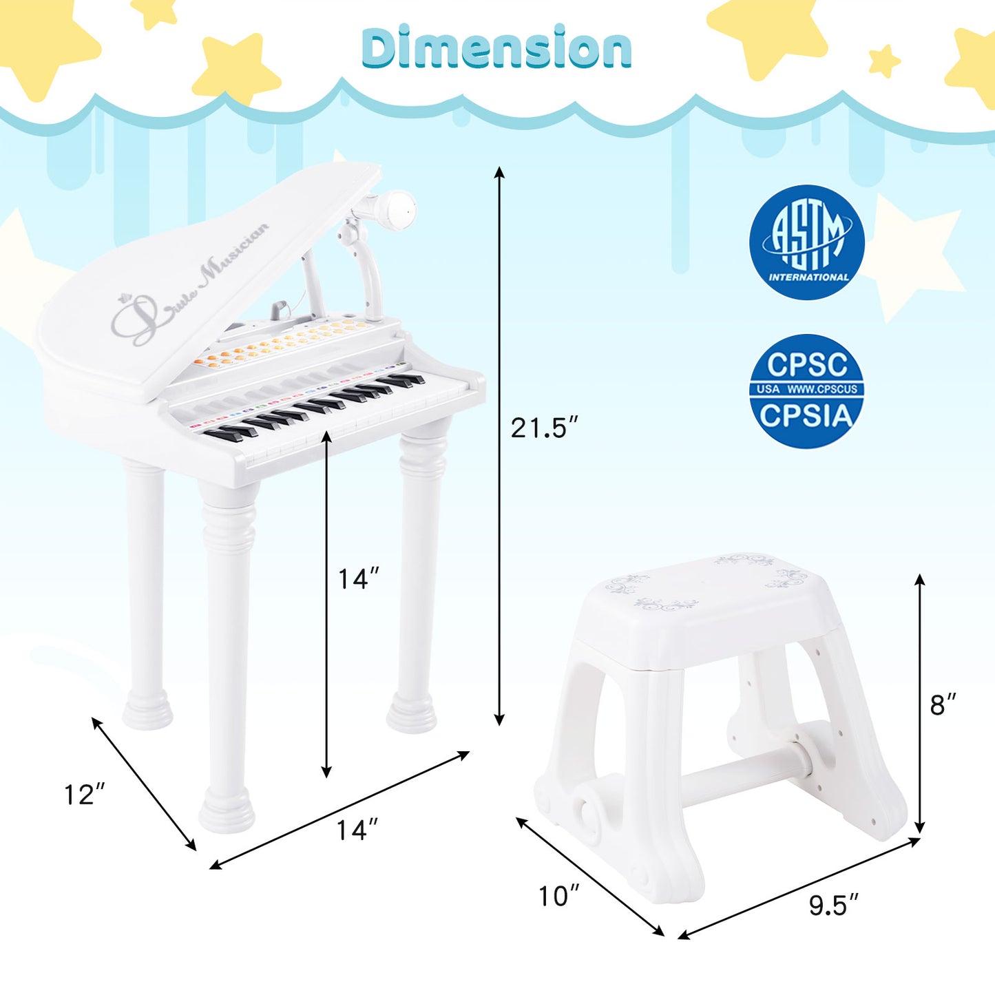 31 Keys Kids Piano Keyboard with Stool and Piano Lid-White Kids Crystal